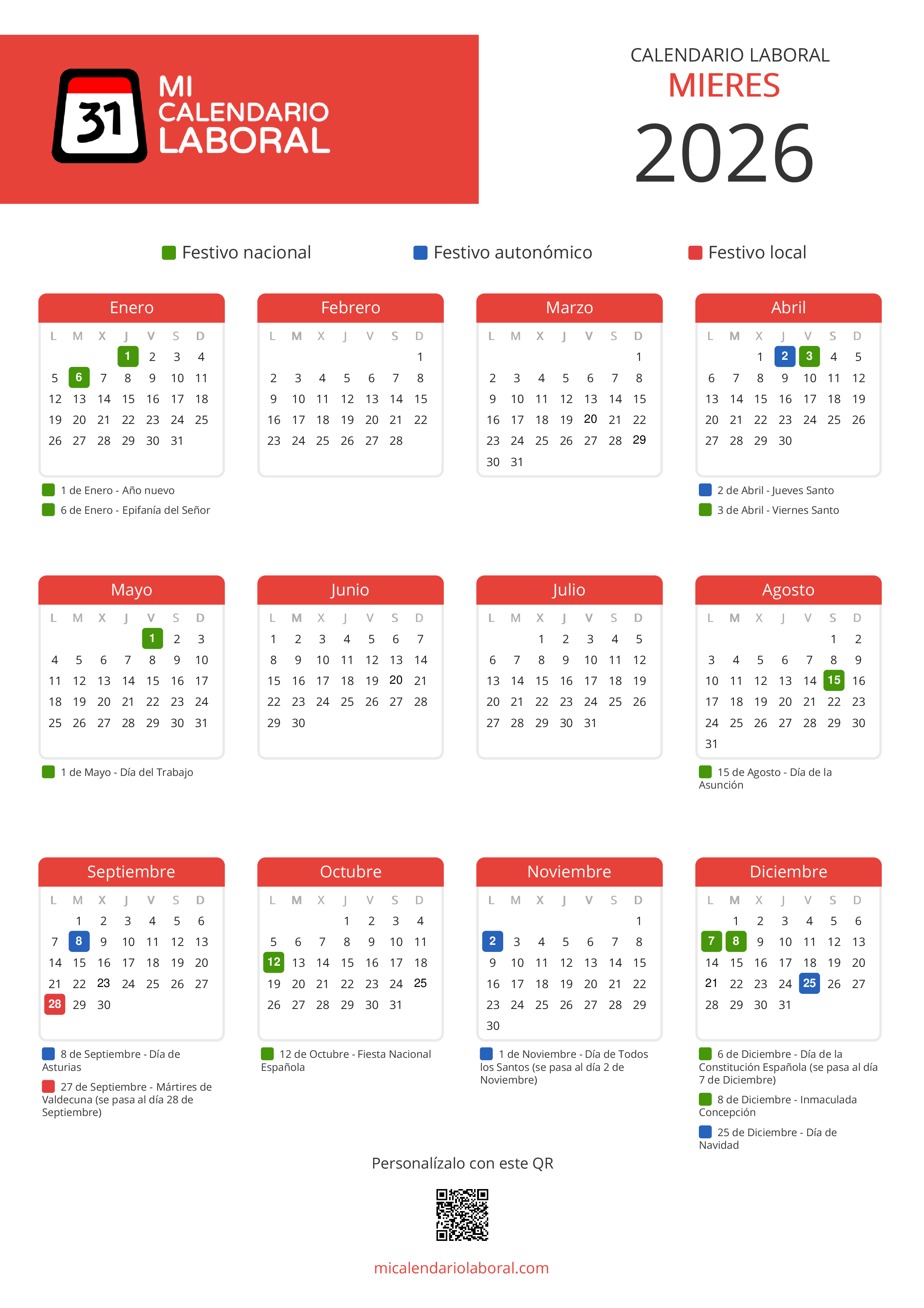 Calendario Laboral de Mieres 2026 - Feriados y puentes de Mieres formato vertical