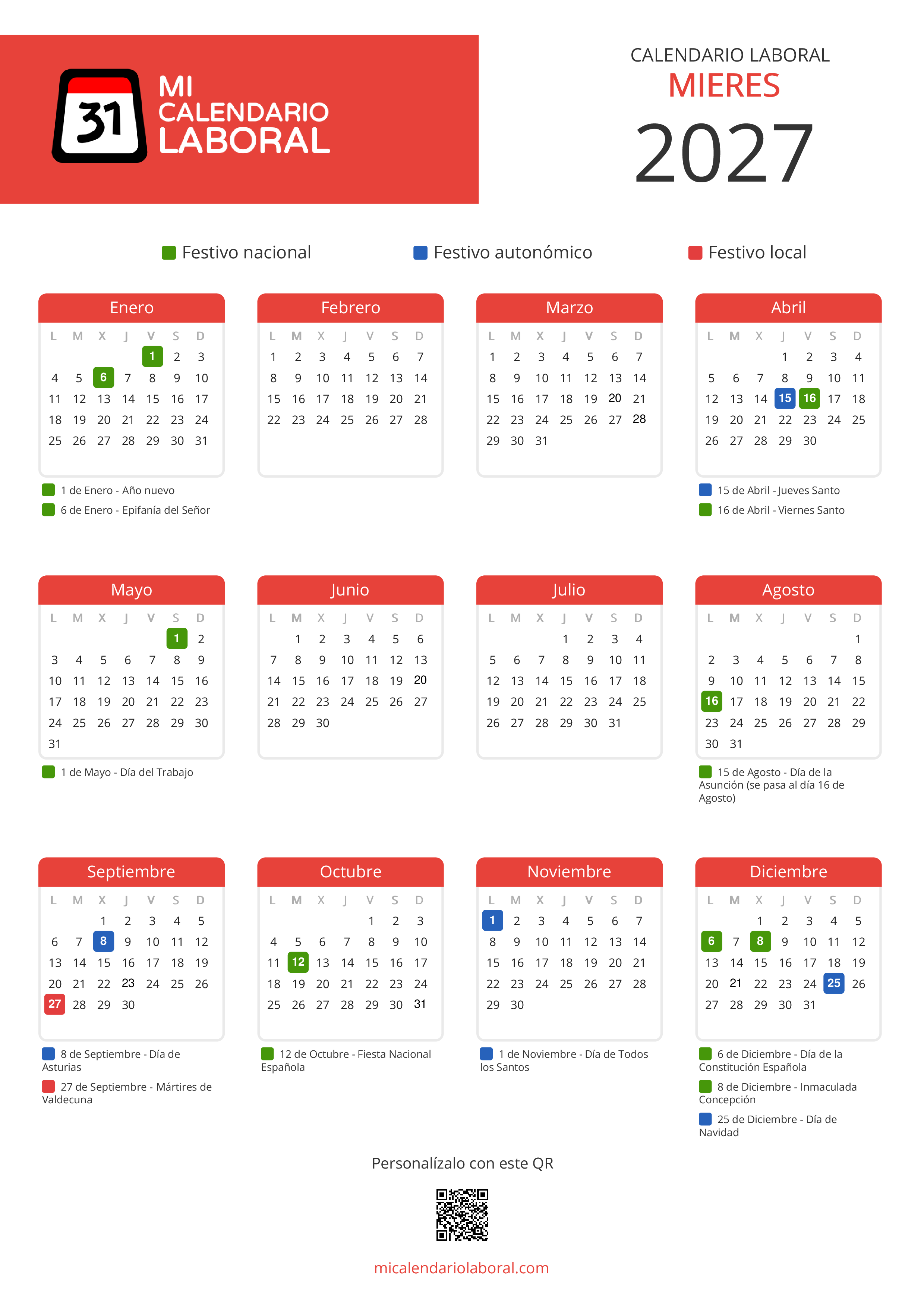 Calendario Laboral de Mieres 2027 - Feriados y puentes de Mieres formato vertical