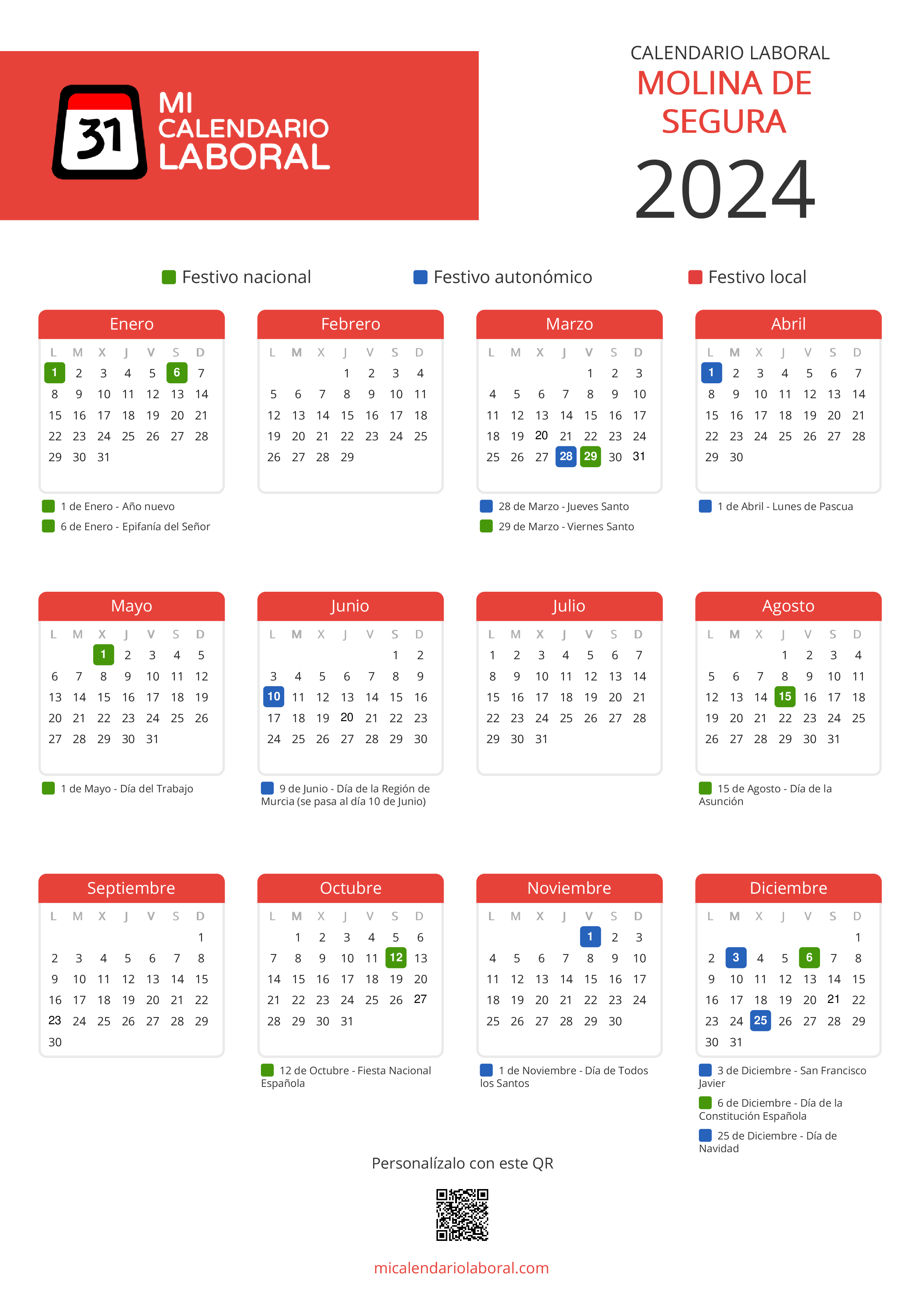 Calendario Laboral de Molina de Segura 2024 - Feriados y puentes de Molina de Segura formato vertical