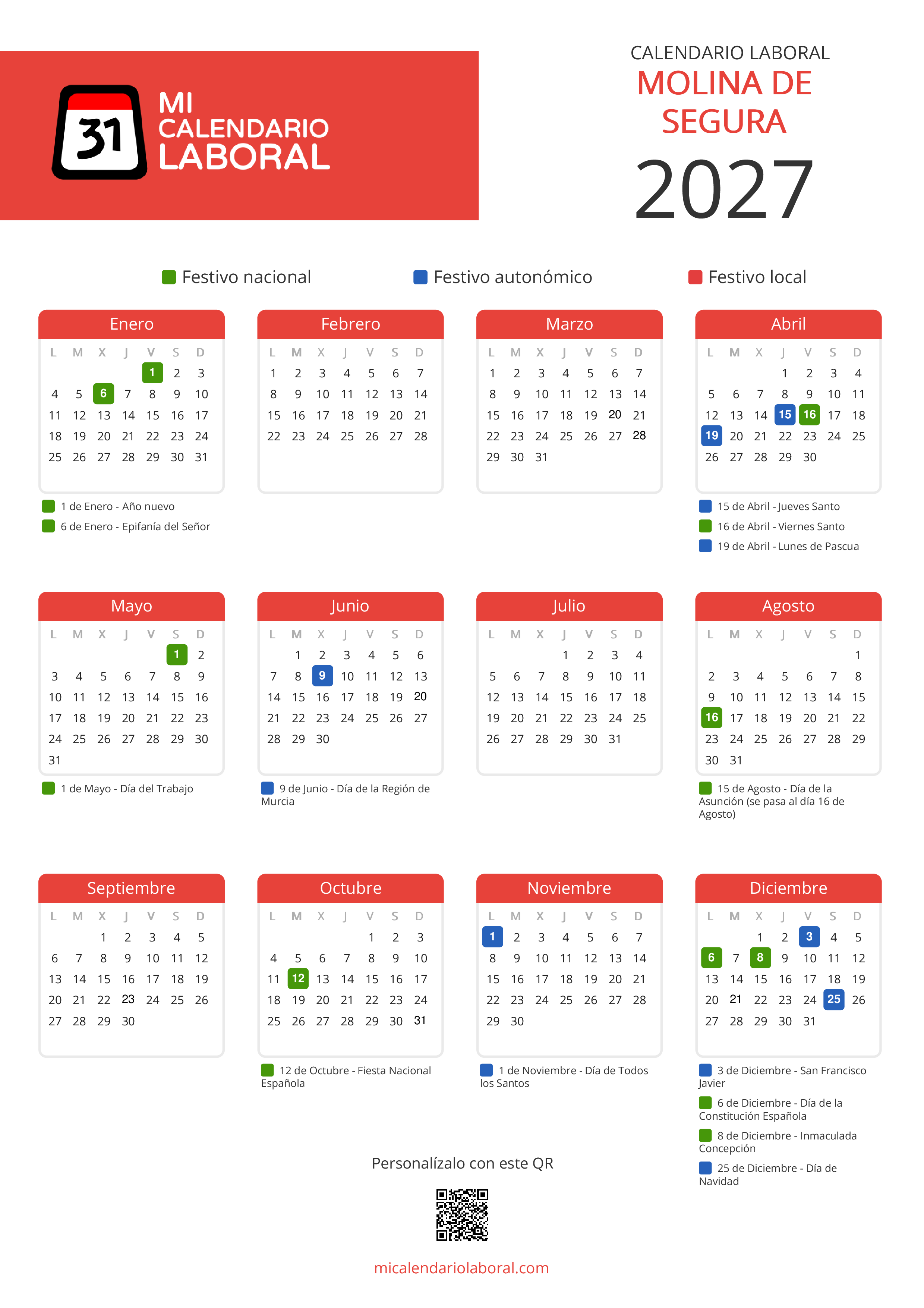 Calendario Laboral de Molina de Segura 2027 - Feriados y puentes de Molina de Segura formato vertical