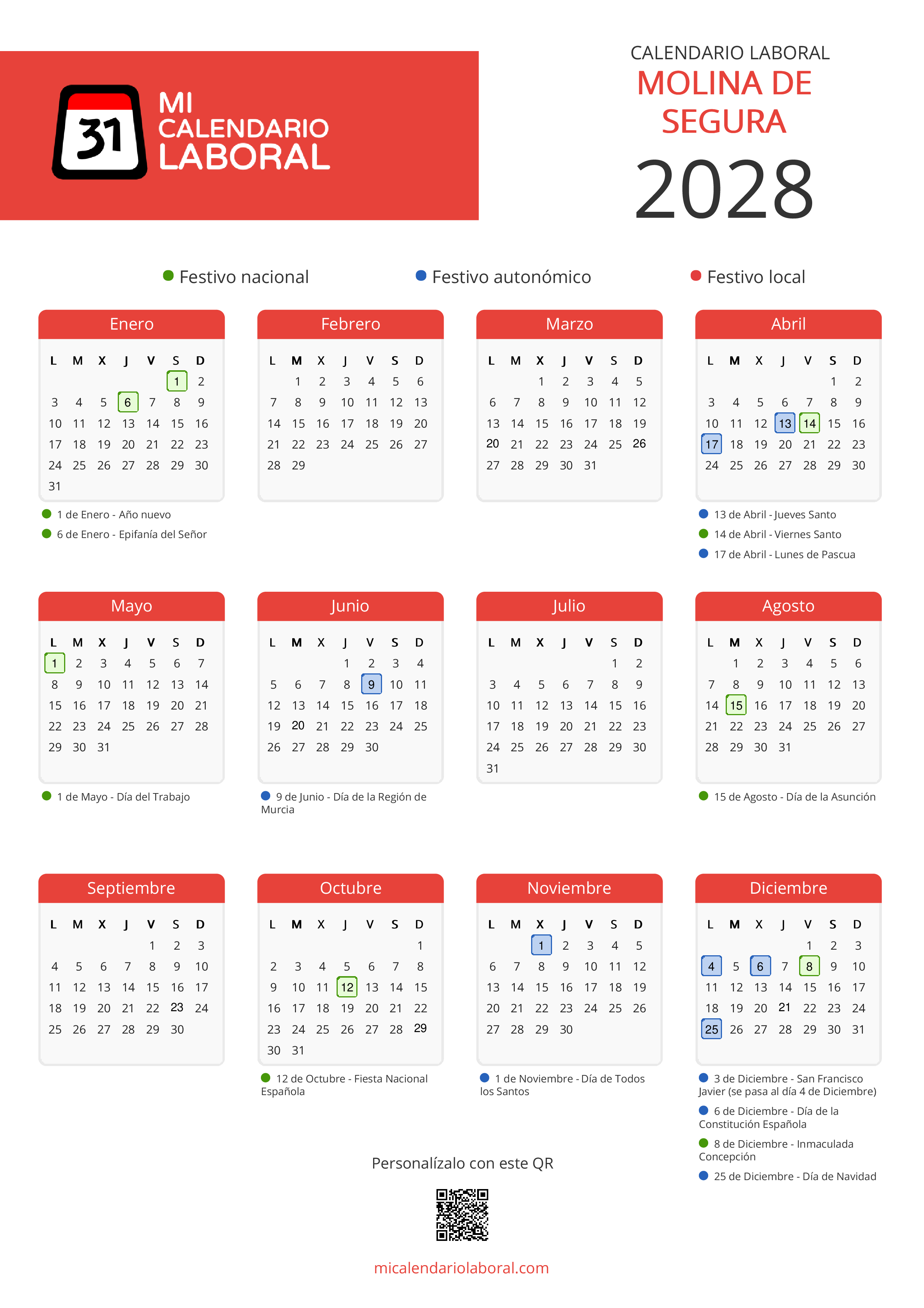 Calendario Laboral de Molina de Segura 2028 - Feriados y puentes de Molina de Segura formato vertical