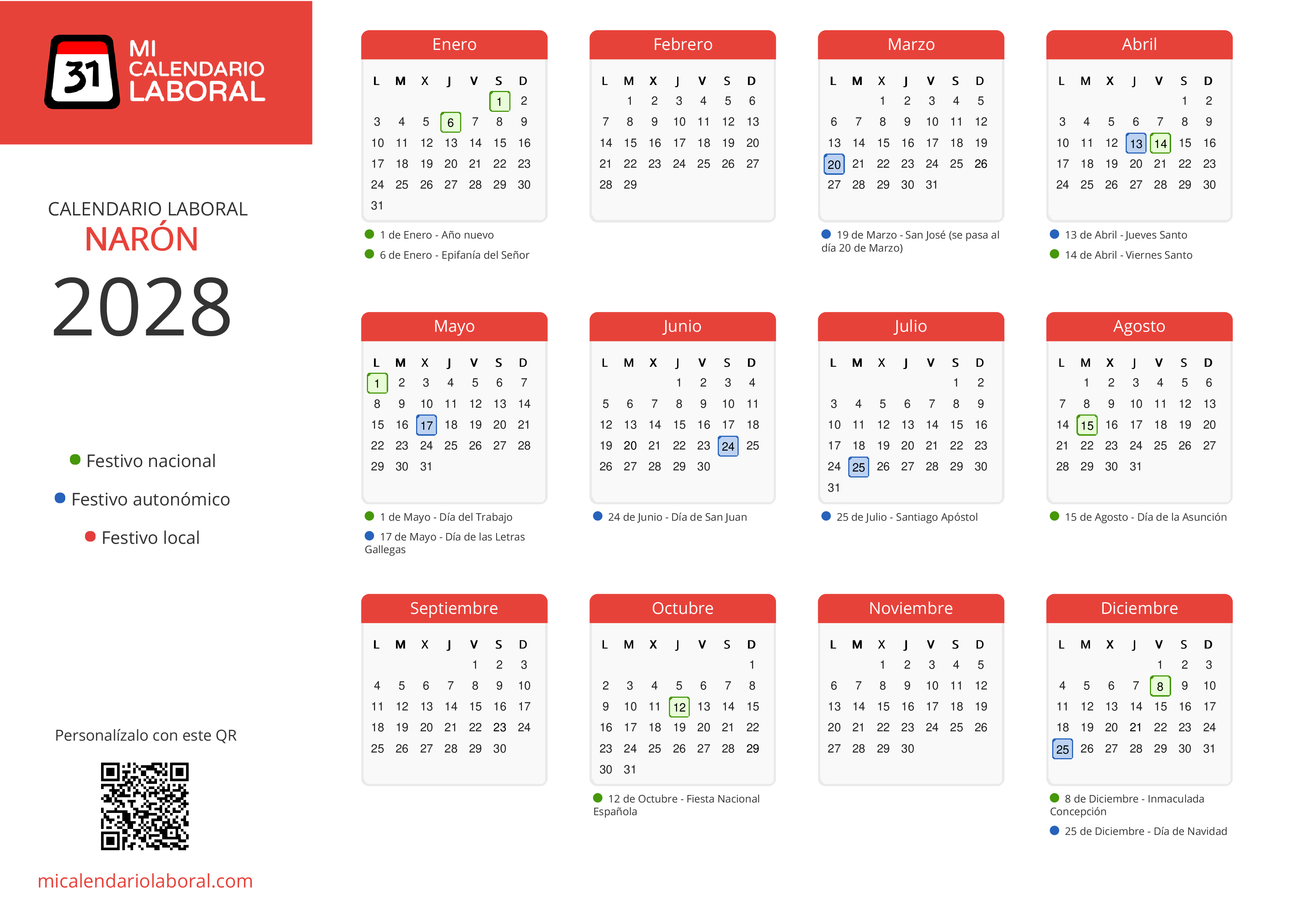 Calendario Laboral de Narón 2028 - Feriados y puentes de Narón