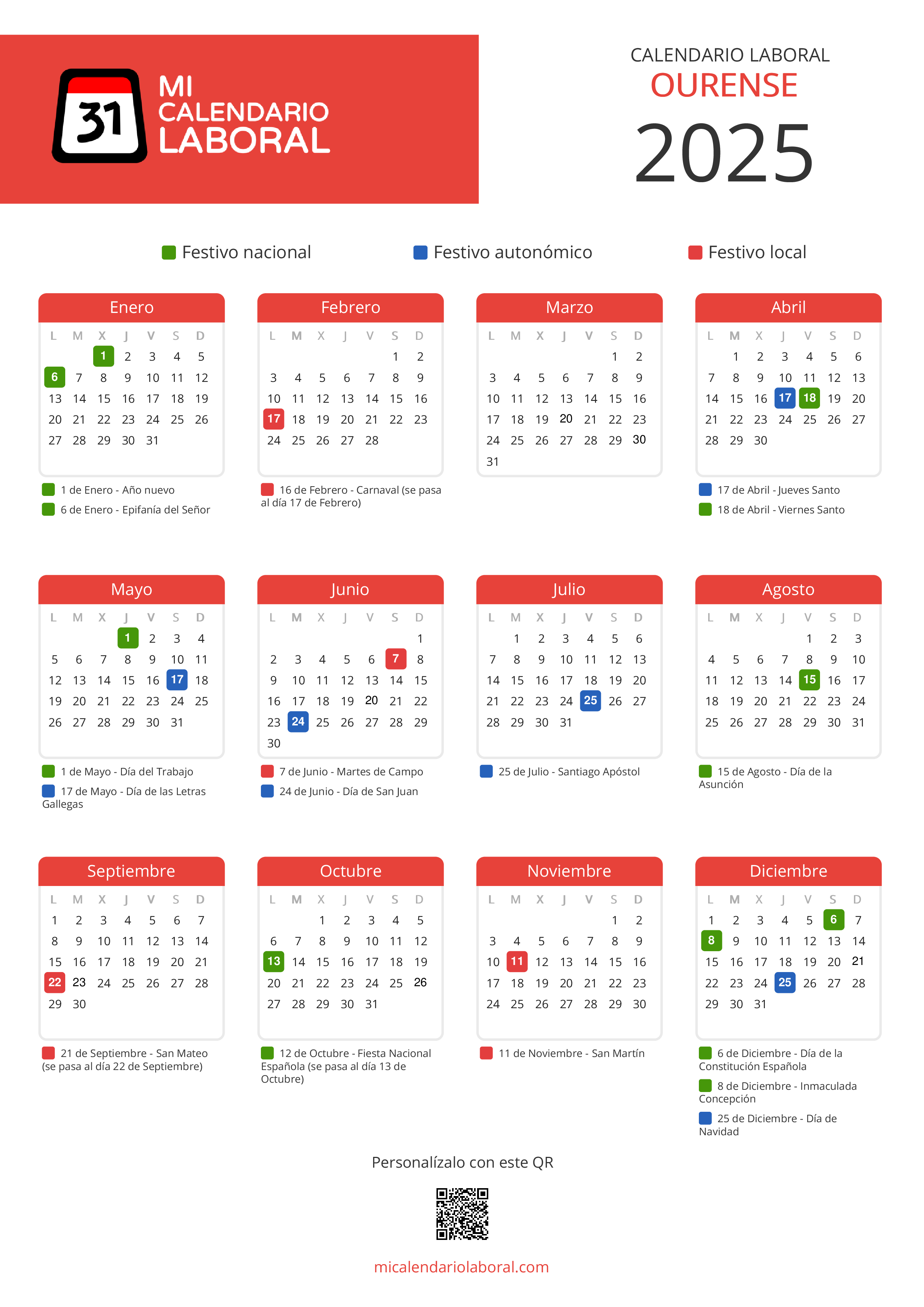 Calendario Laboral de Ourense 2025 - Feriados y puentes de Ourense formato vertical