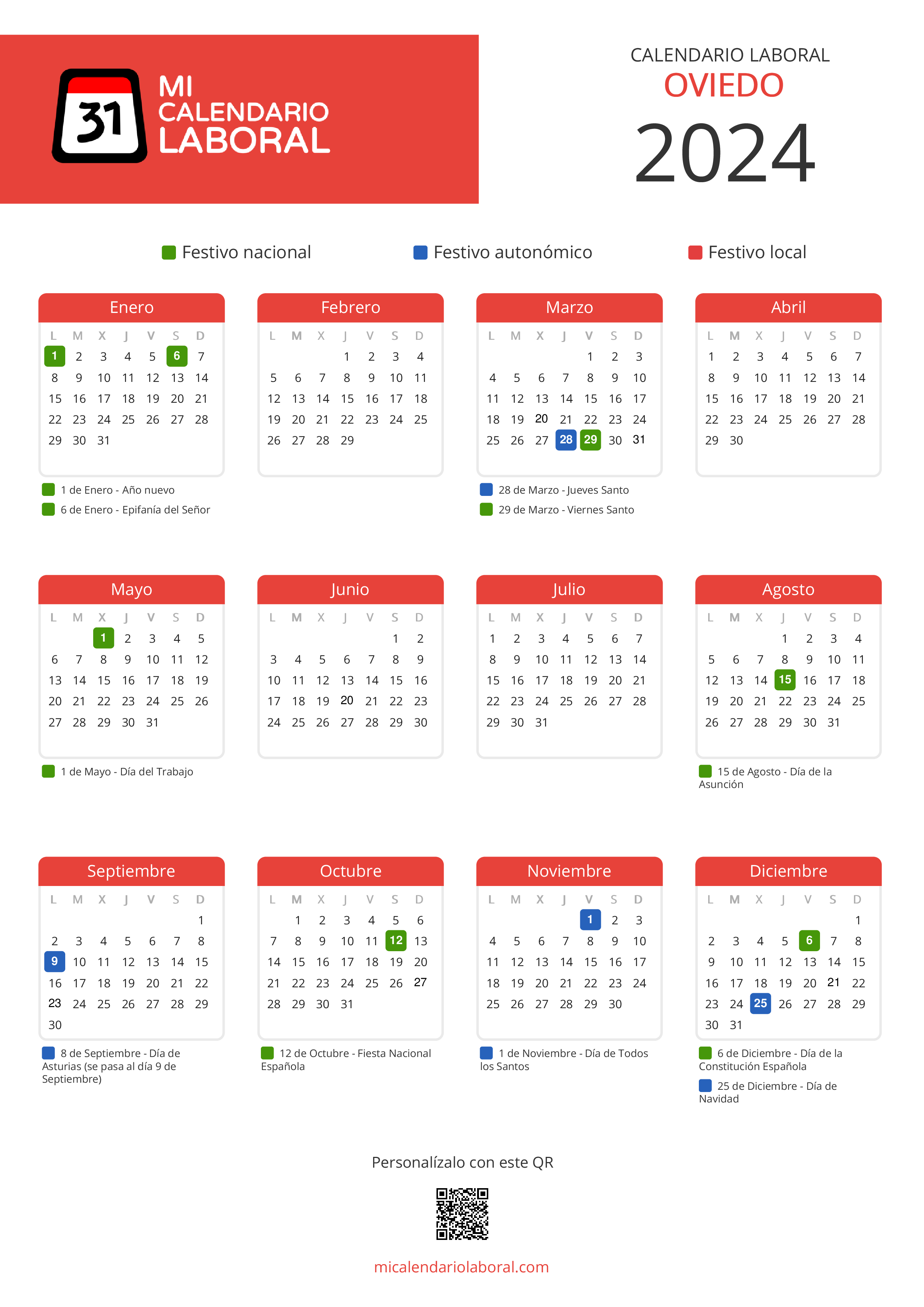 Calendario Laboral de Oviedo 2024 - Feriados y puentes de Oviedo formato vertical