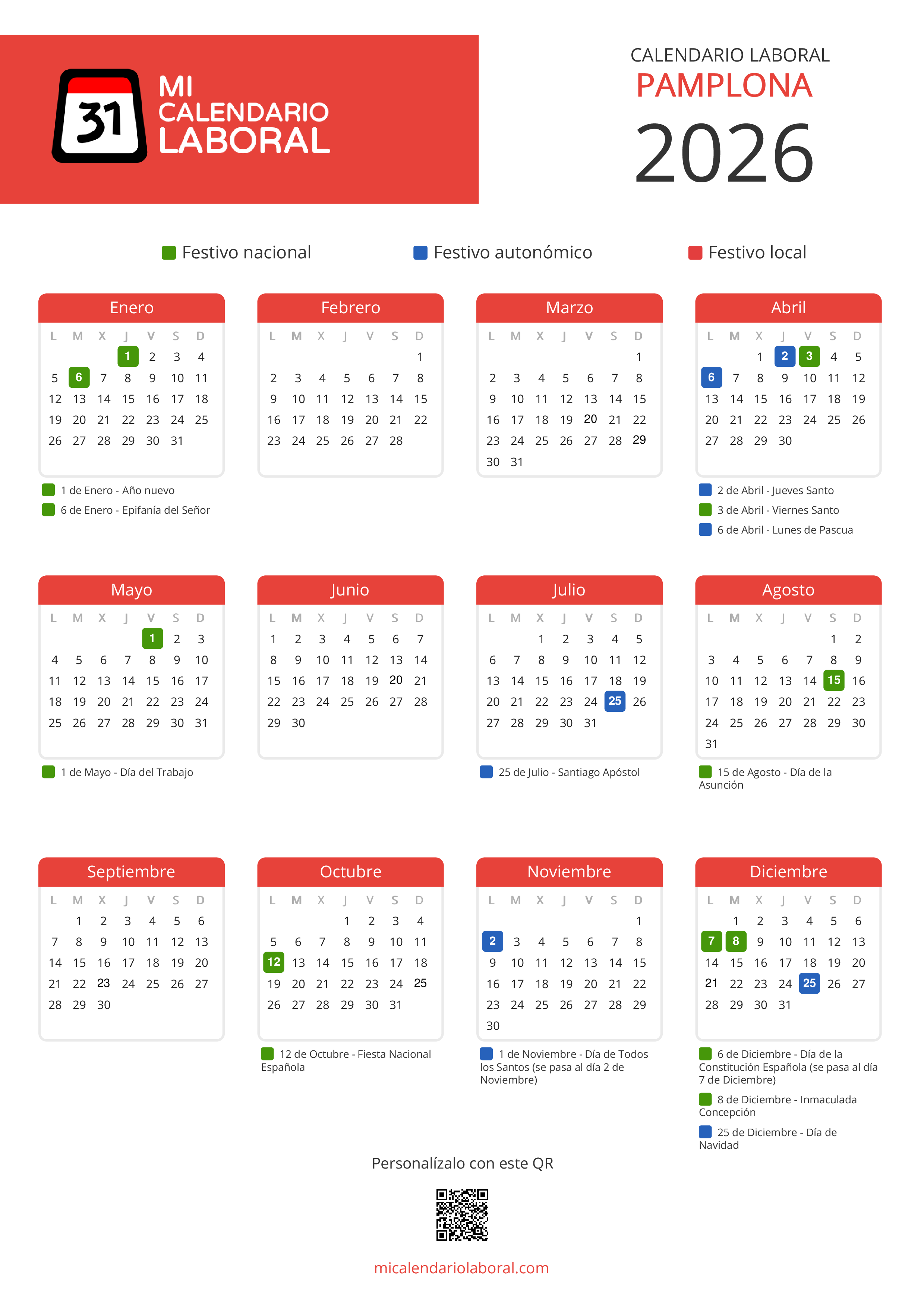 Calendario Laboral de Pamplona 2026 - Feriados y puentes de Pamplona formato vertical