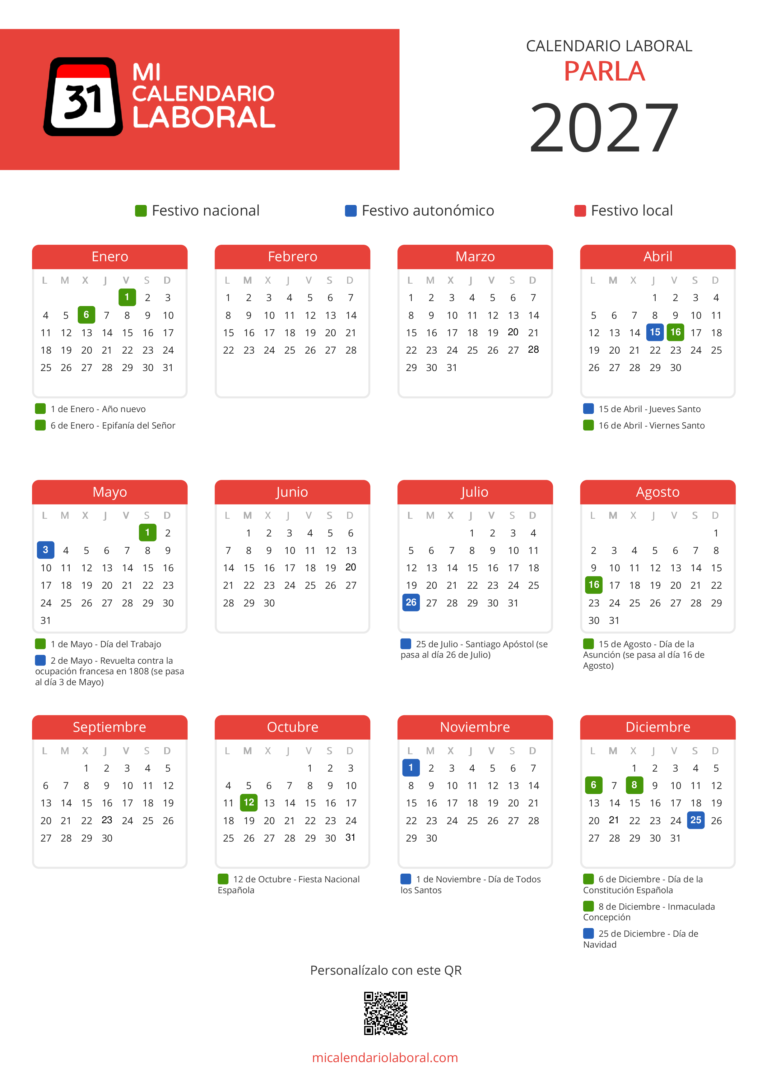 Calendario Laboral de Parla 2027 - Feriados y puentes de Parla formato vertical