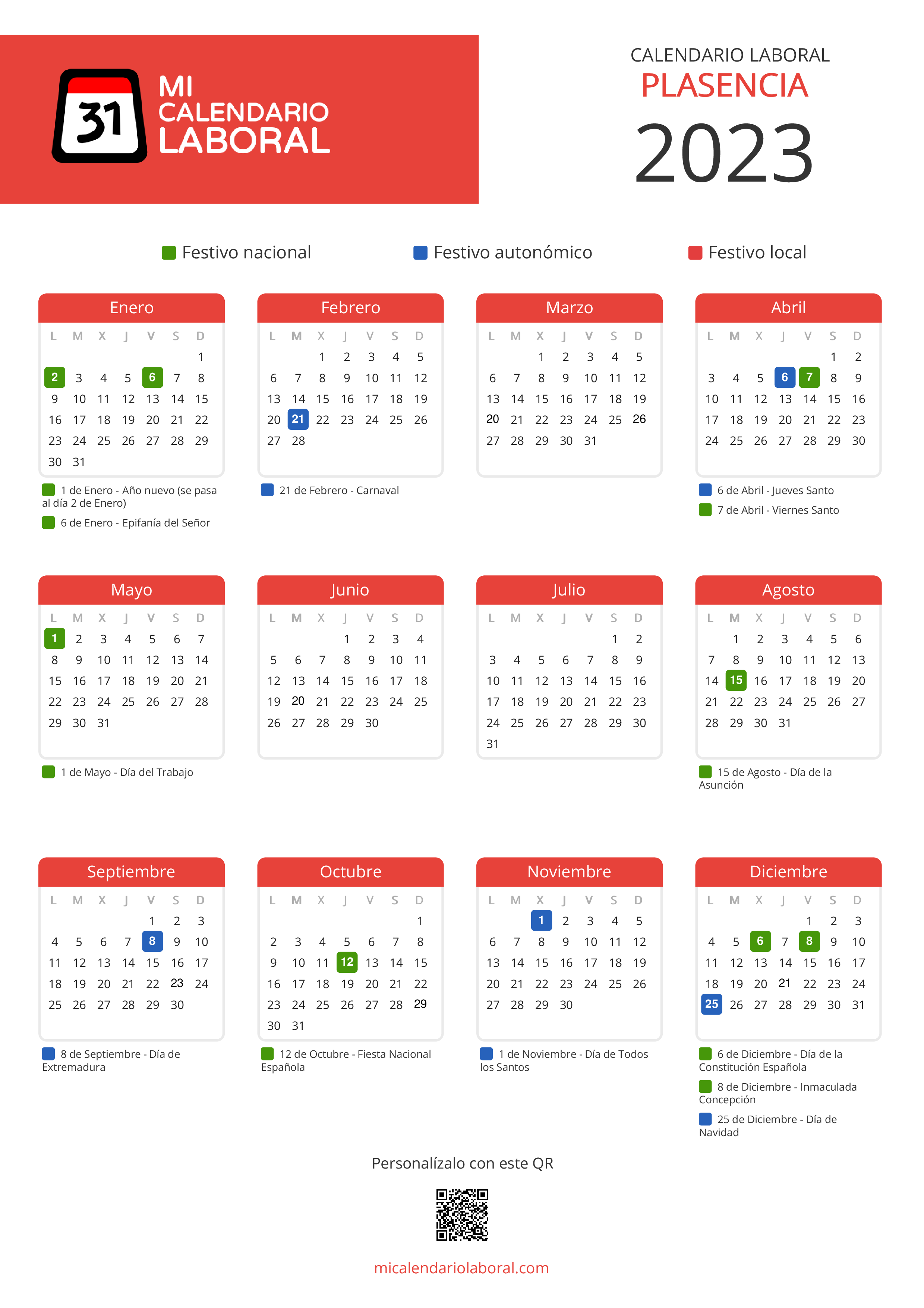 Calendario Laboral de Plasencia 2023 - Feriados y puentes de Plasencia formato vertical