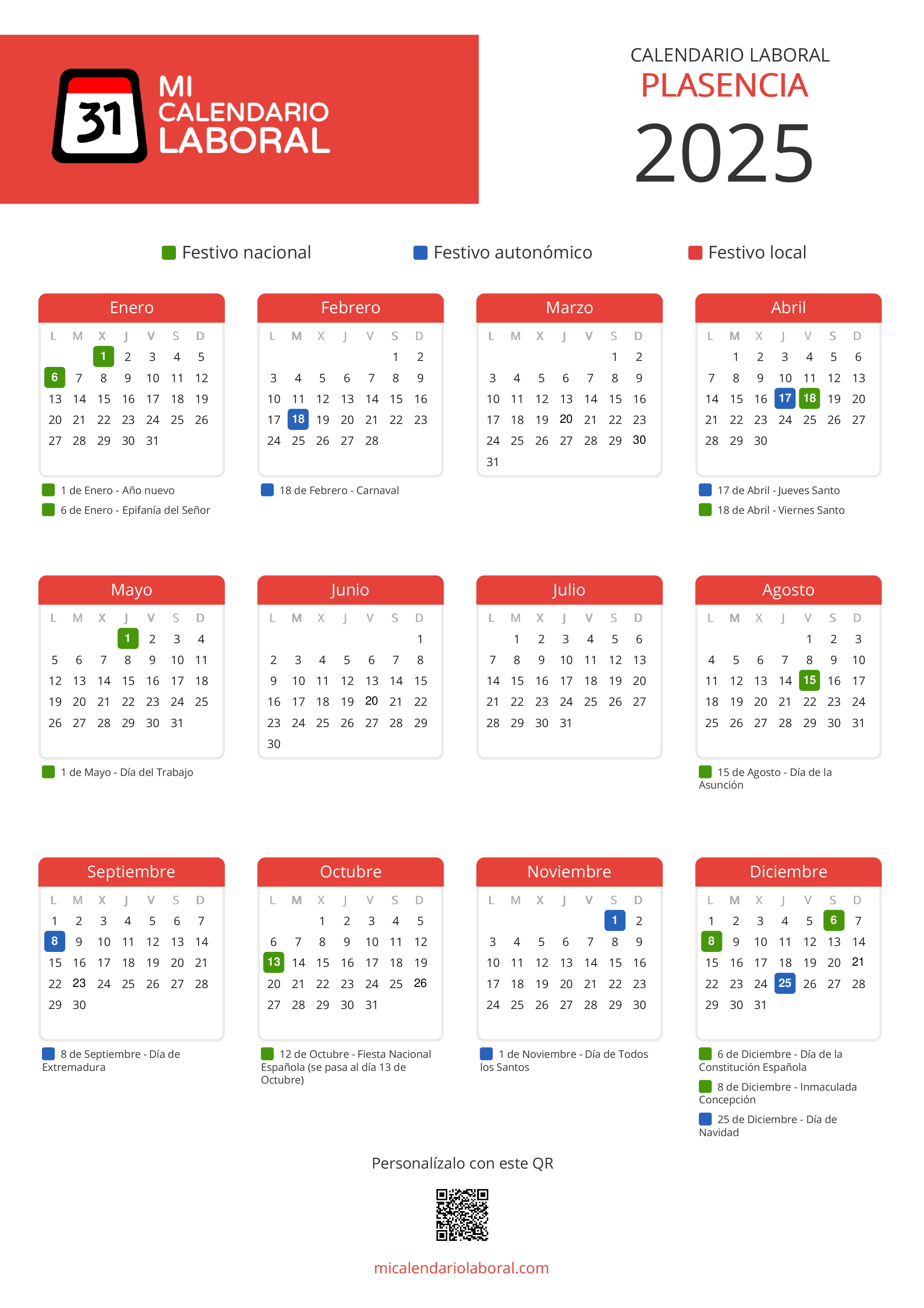 Calendario Laboral de Plasencia 2025 - Feriados y puentes de Plasencia formato vertical