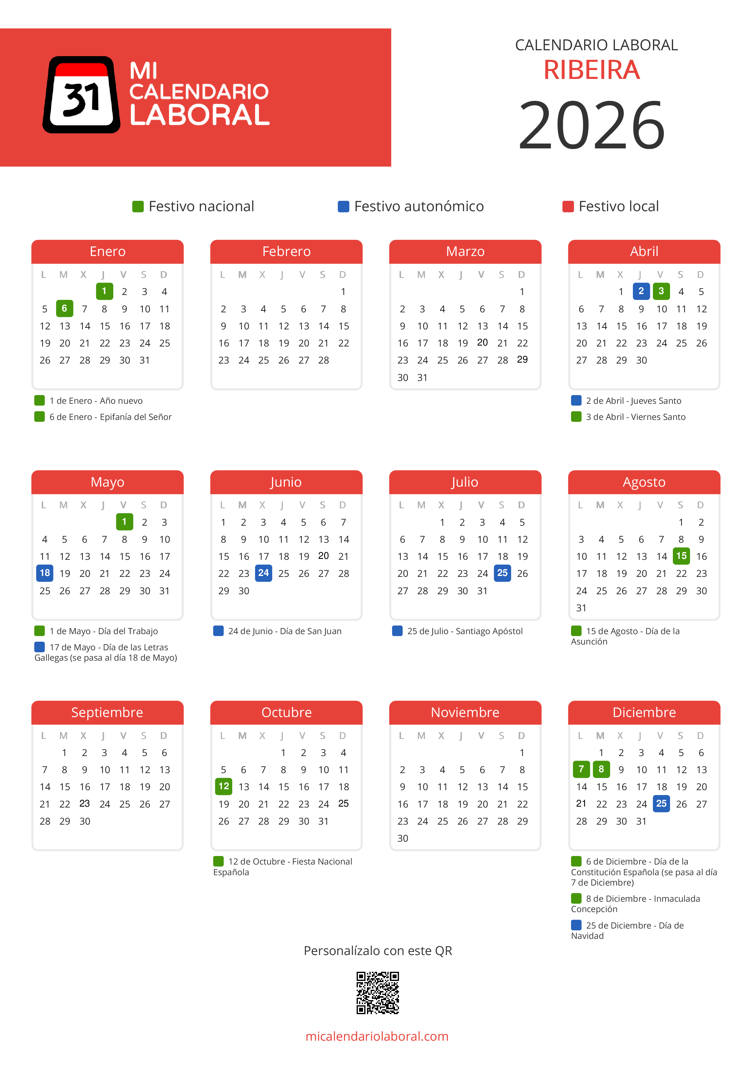 Calendario Laboral de Ribeira 2026 - Feriados y puentes de Ribeira formato vertical