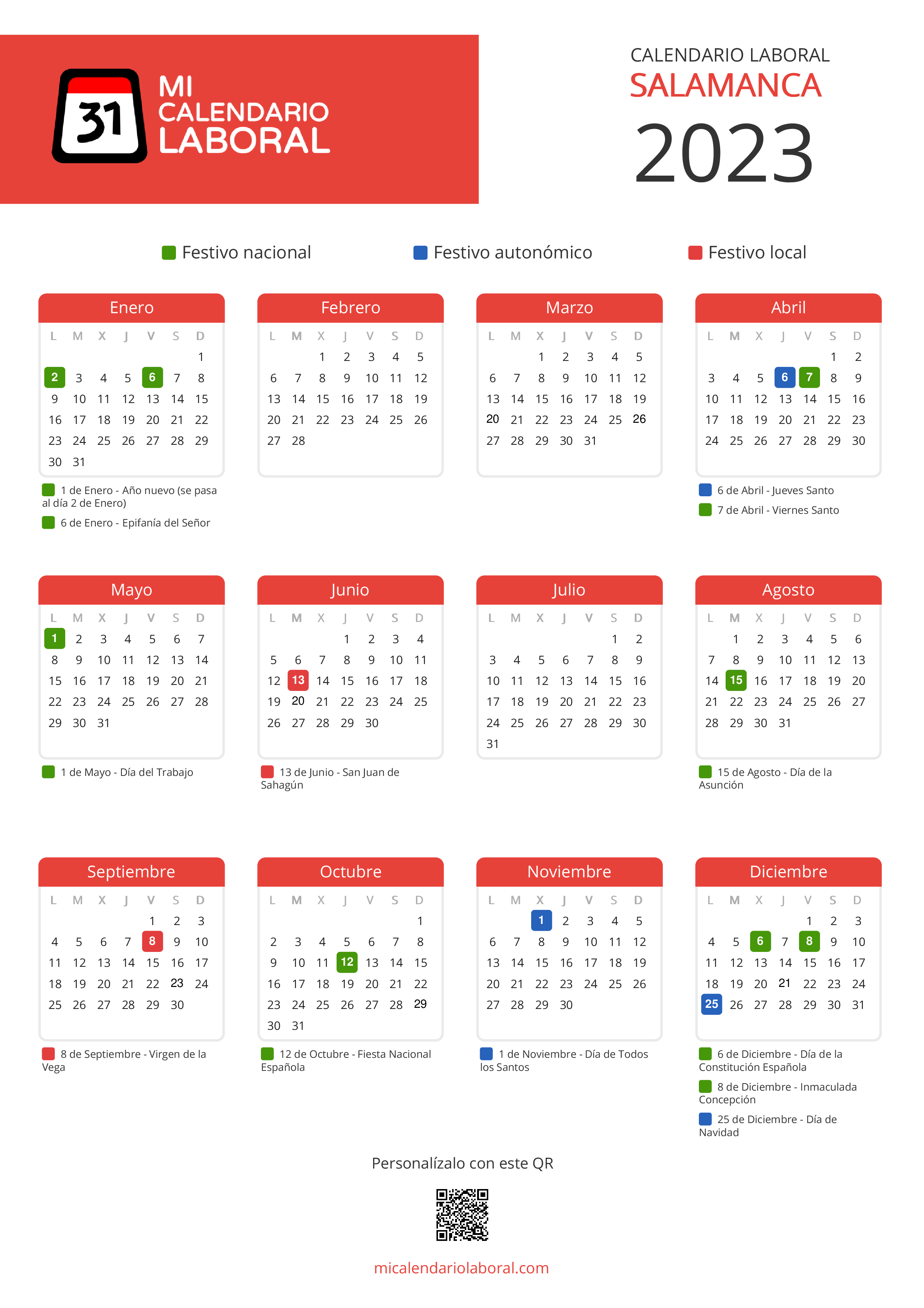 Calendario Laboral de Salamanca 2023 - Feriados y puentes de Salamanca formato vertical
