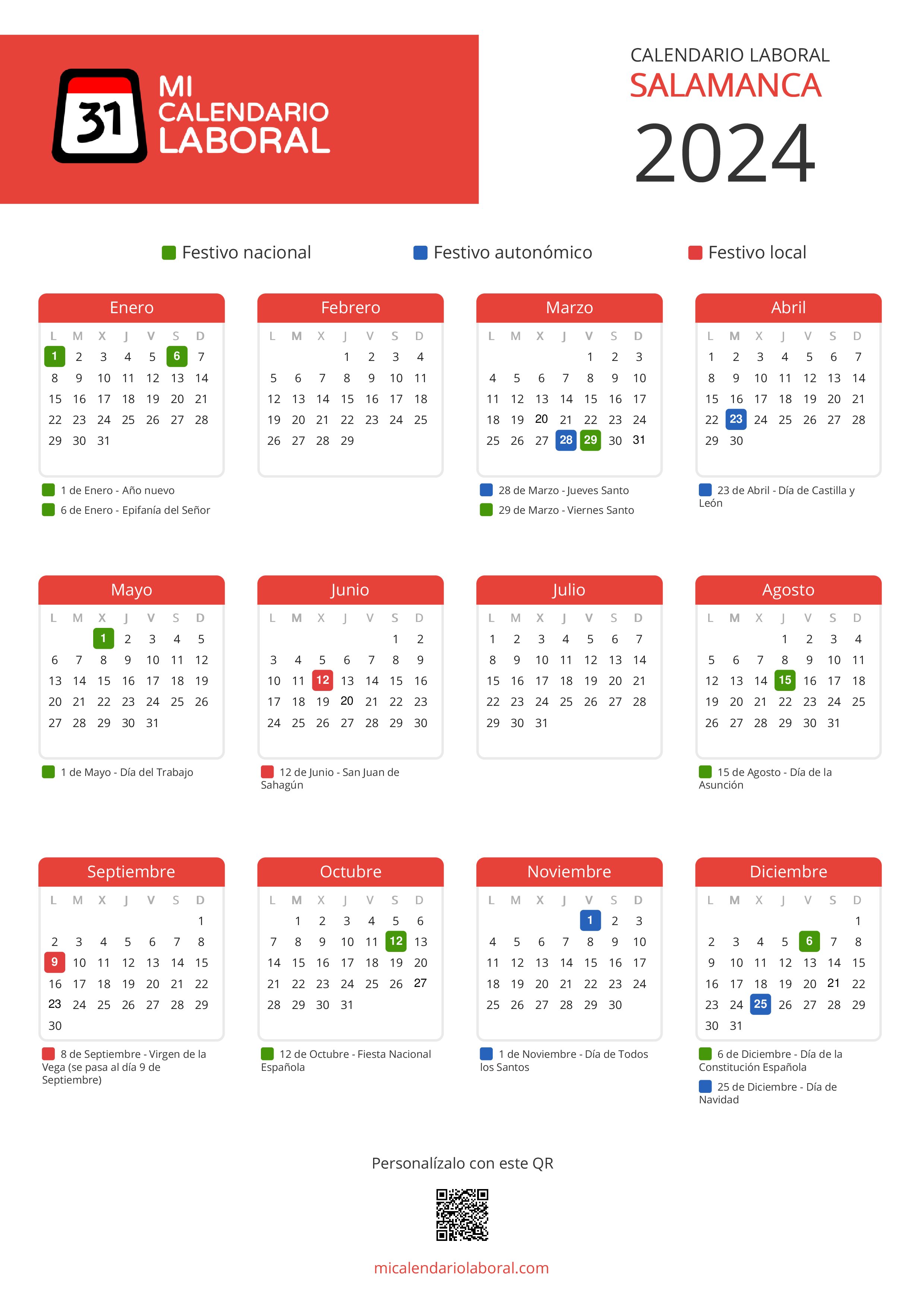 Calendario Laboral de Salamanca 2024 - Feriados y puentes de Salamanca formato vertical