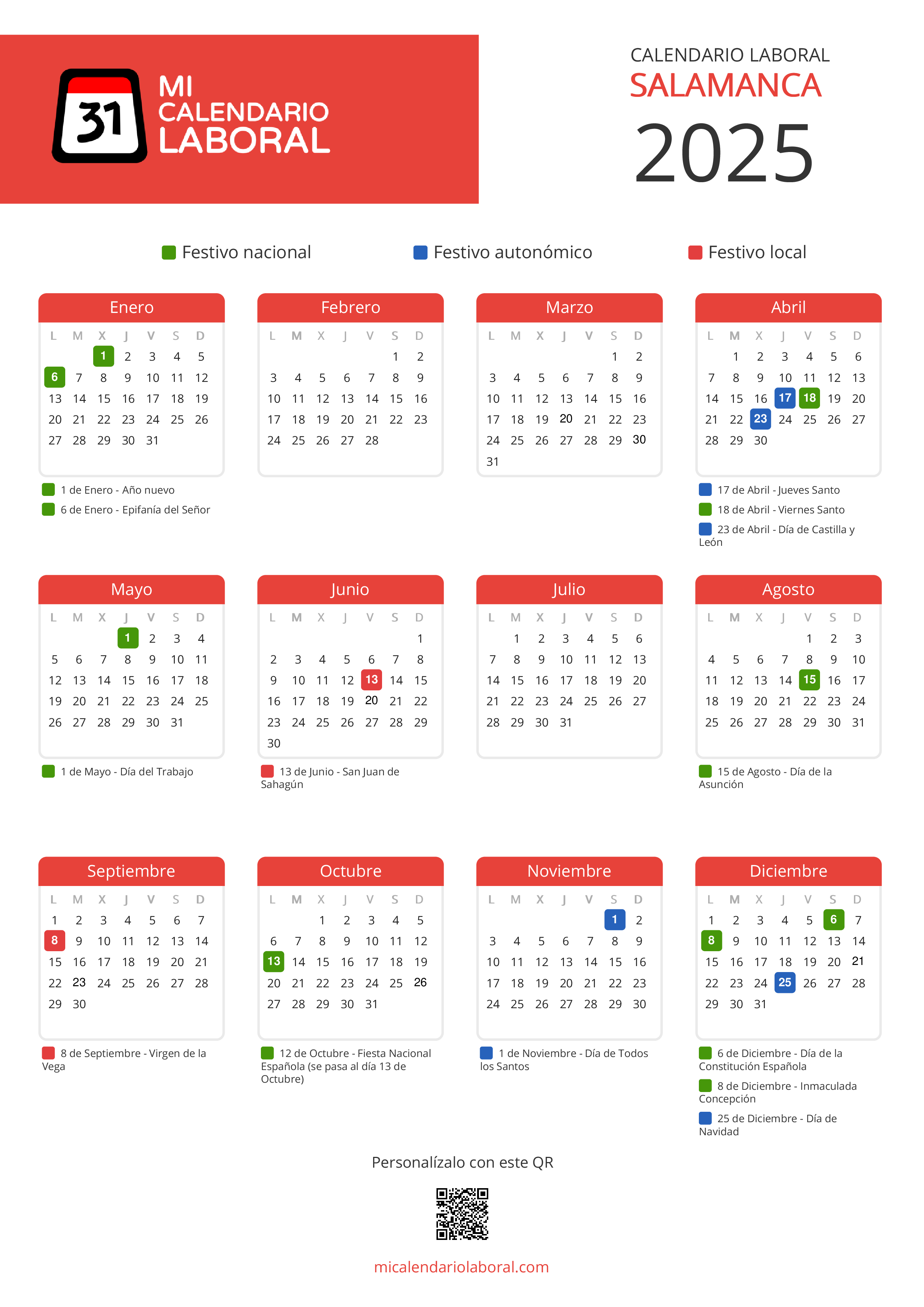 Calendario Laboral de Salamanca 2025 - Feriados y puentes de Salamanca formato vertical