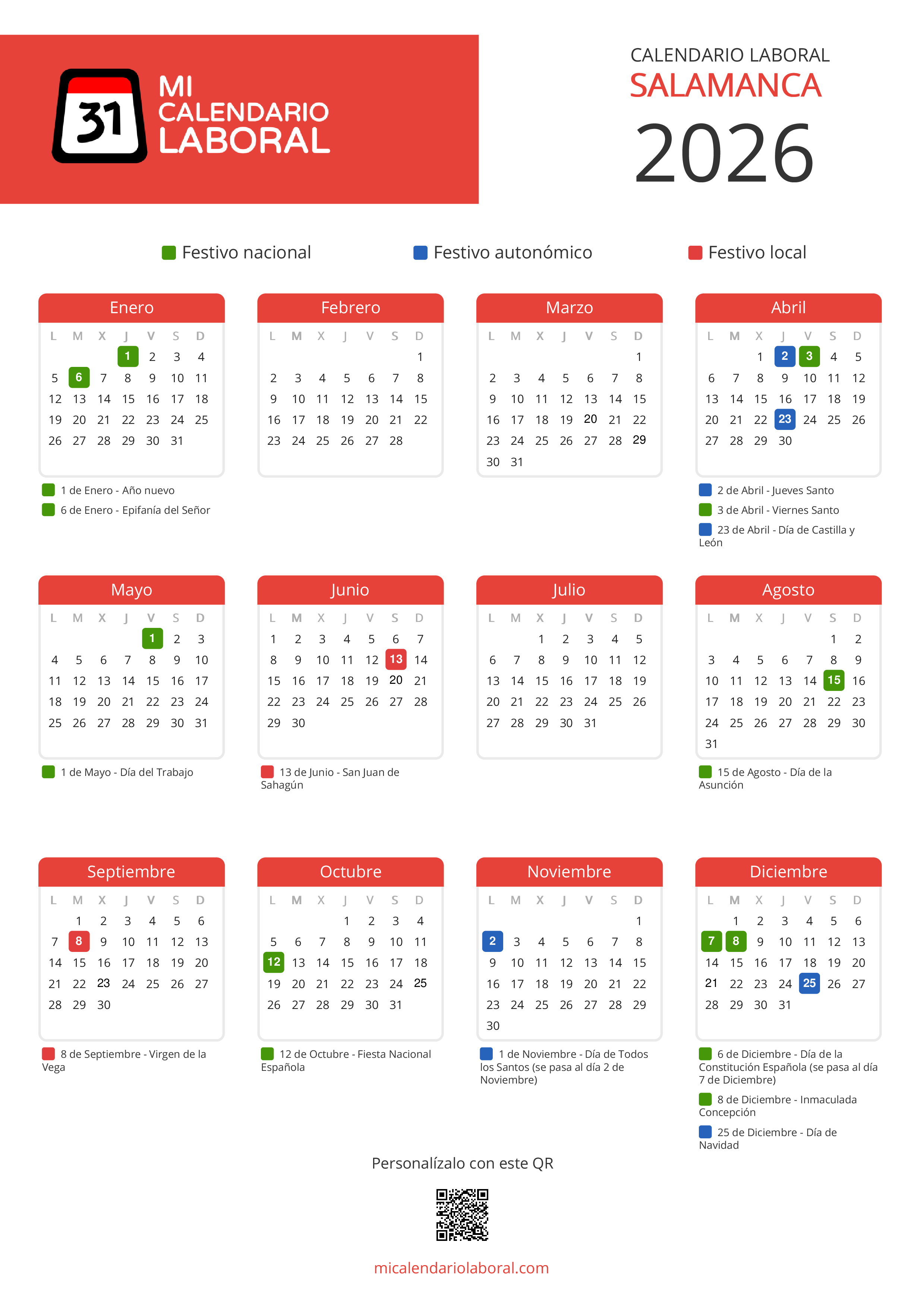 Calendario Laboral de Salamanca 2026 - Feriados y puentes de Salamanca formato vertical