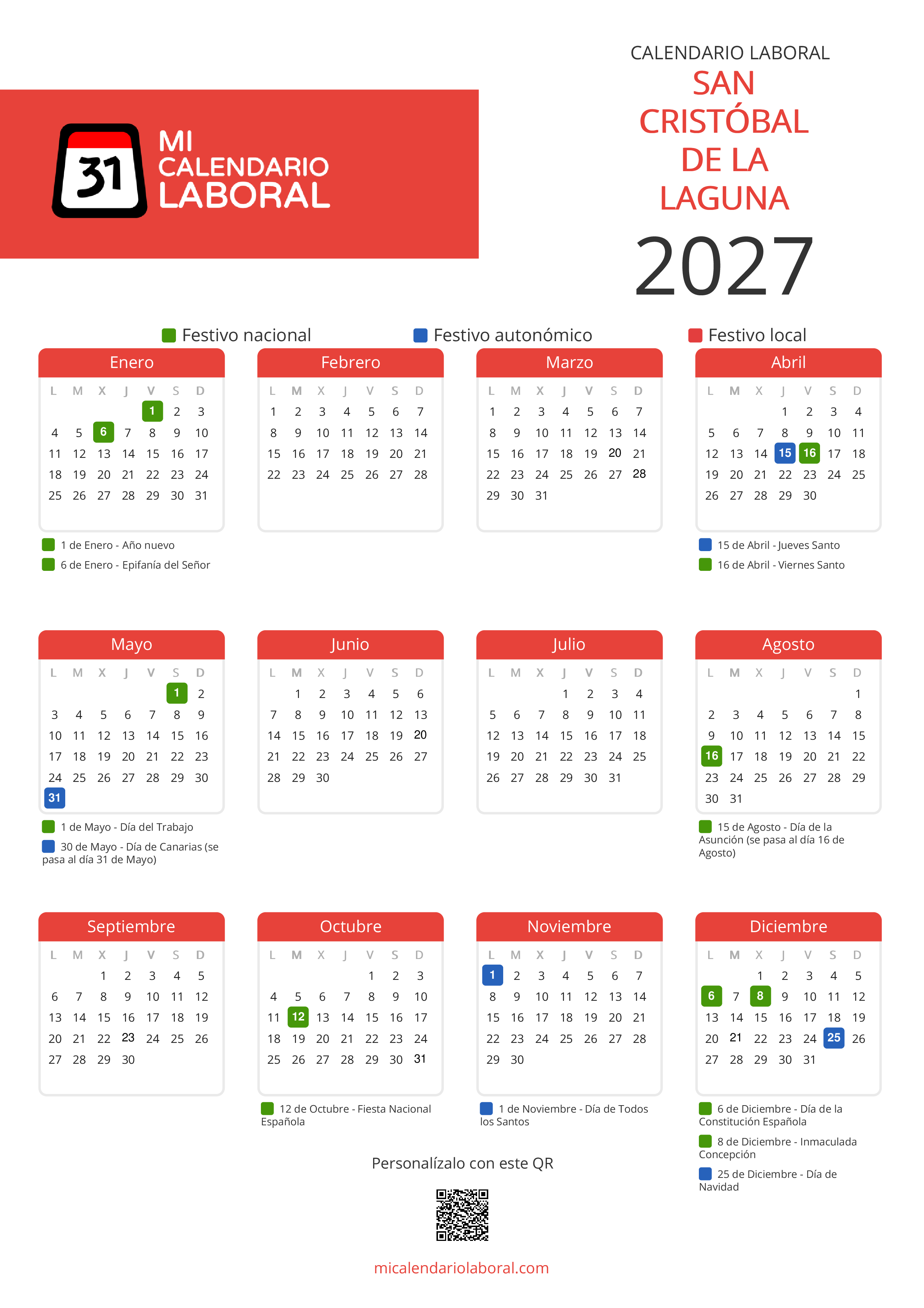 Calendario Laboral de San Cristóbal de La Laguna 2027 - Feriados y puentes de San Cristóbal de La Laguna formato vertical
