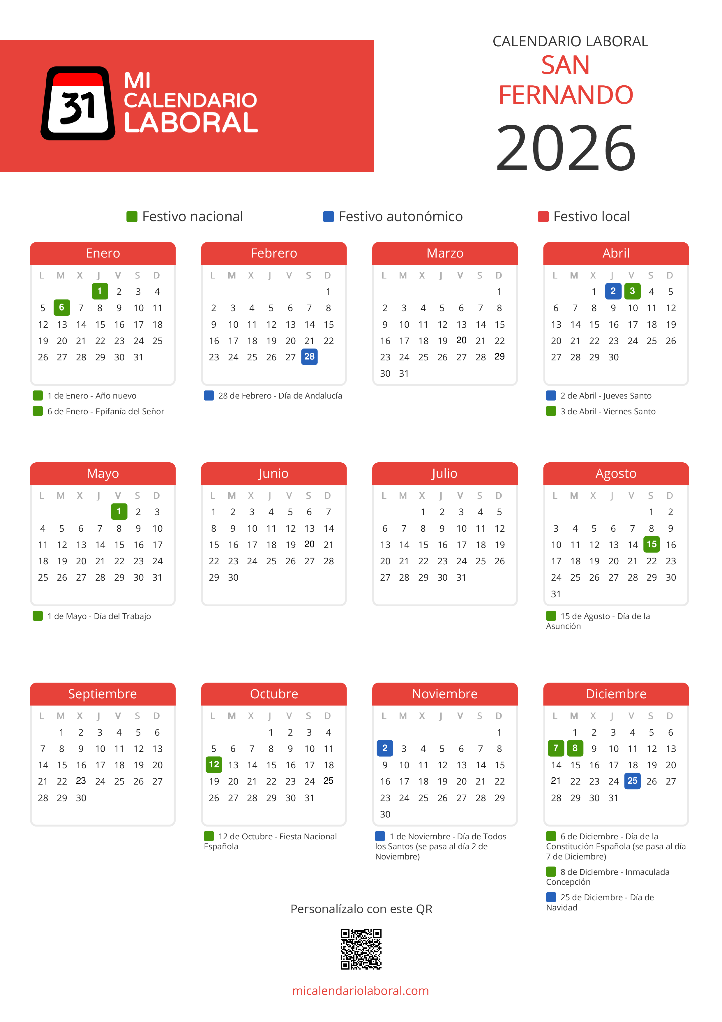 Calendario Laboral de San Fernando 2026 - Feriados y puentes de San Fernando formato vertical