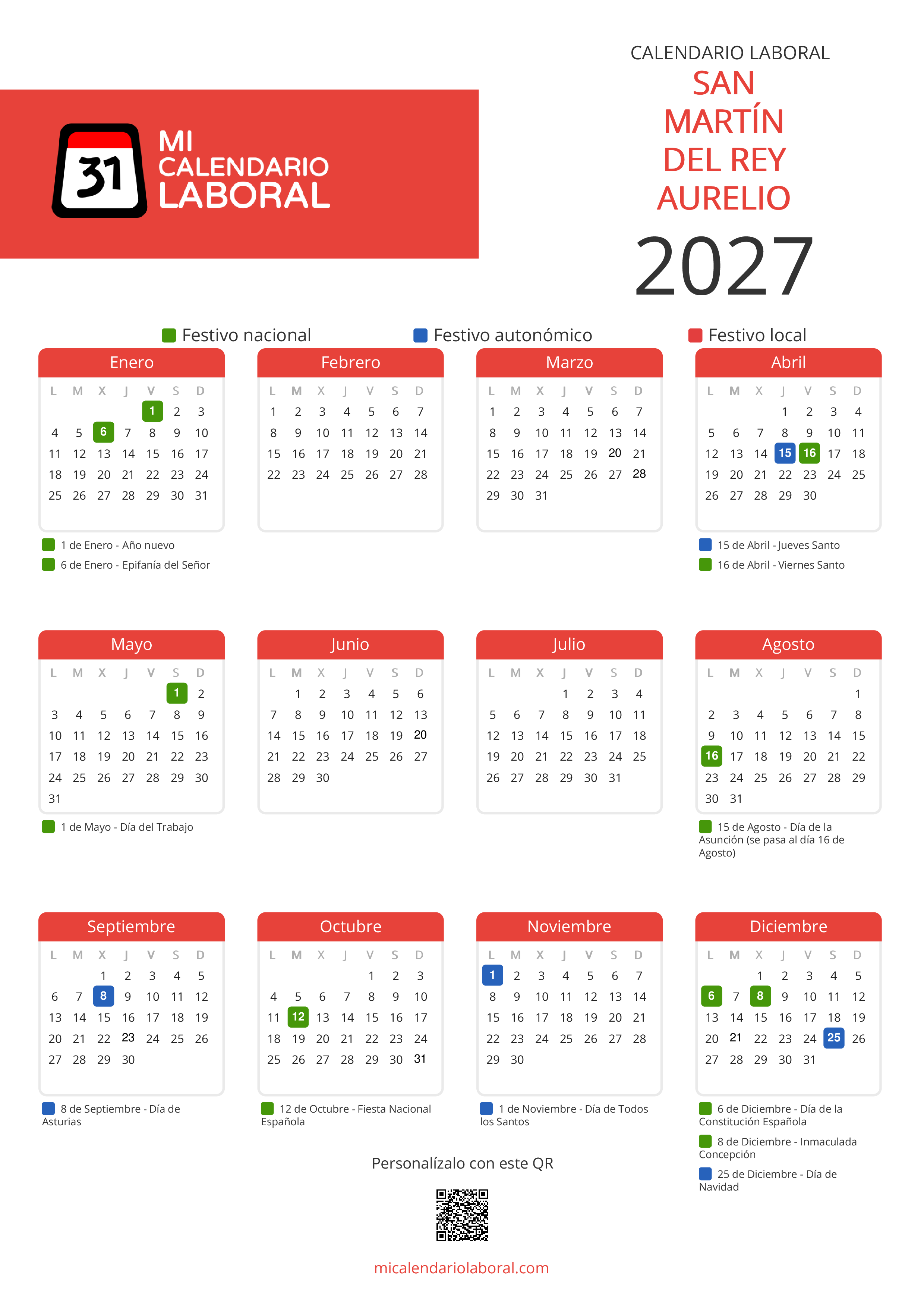 Calendario Laboral de San Martín del Rey Aurelio 2027 - Feriados y puentes de San Martín del Rey Aurelio formato vertical
