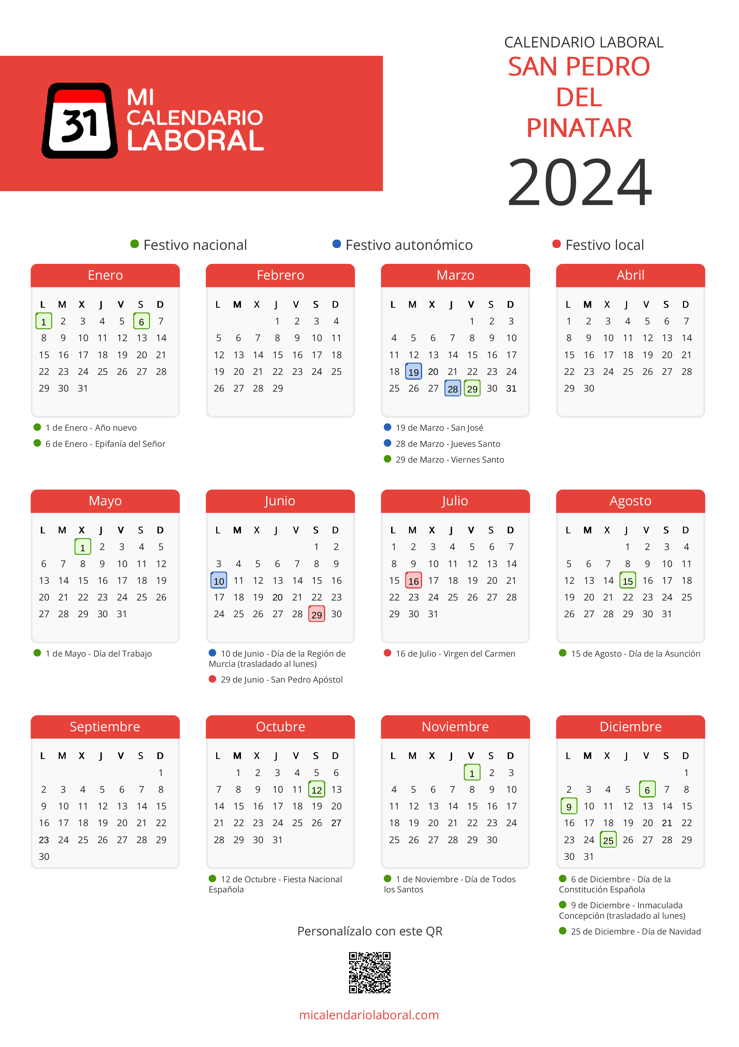 Calendario Laboral de San Pedro del Pinatar 2024 - Días festivos vertical