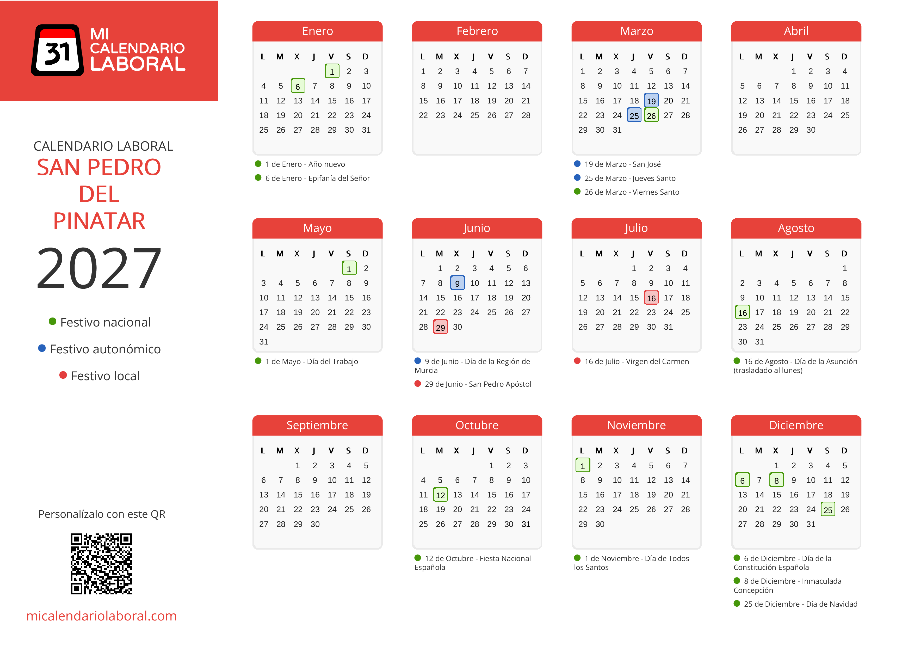 Calendario Laboral de San Pedro del Pinatar 2027 - Días festivos