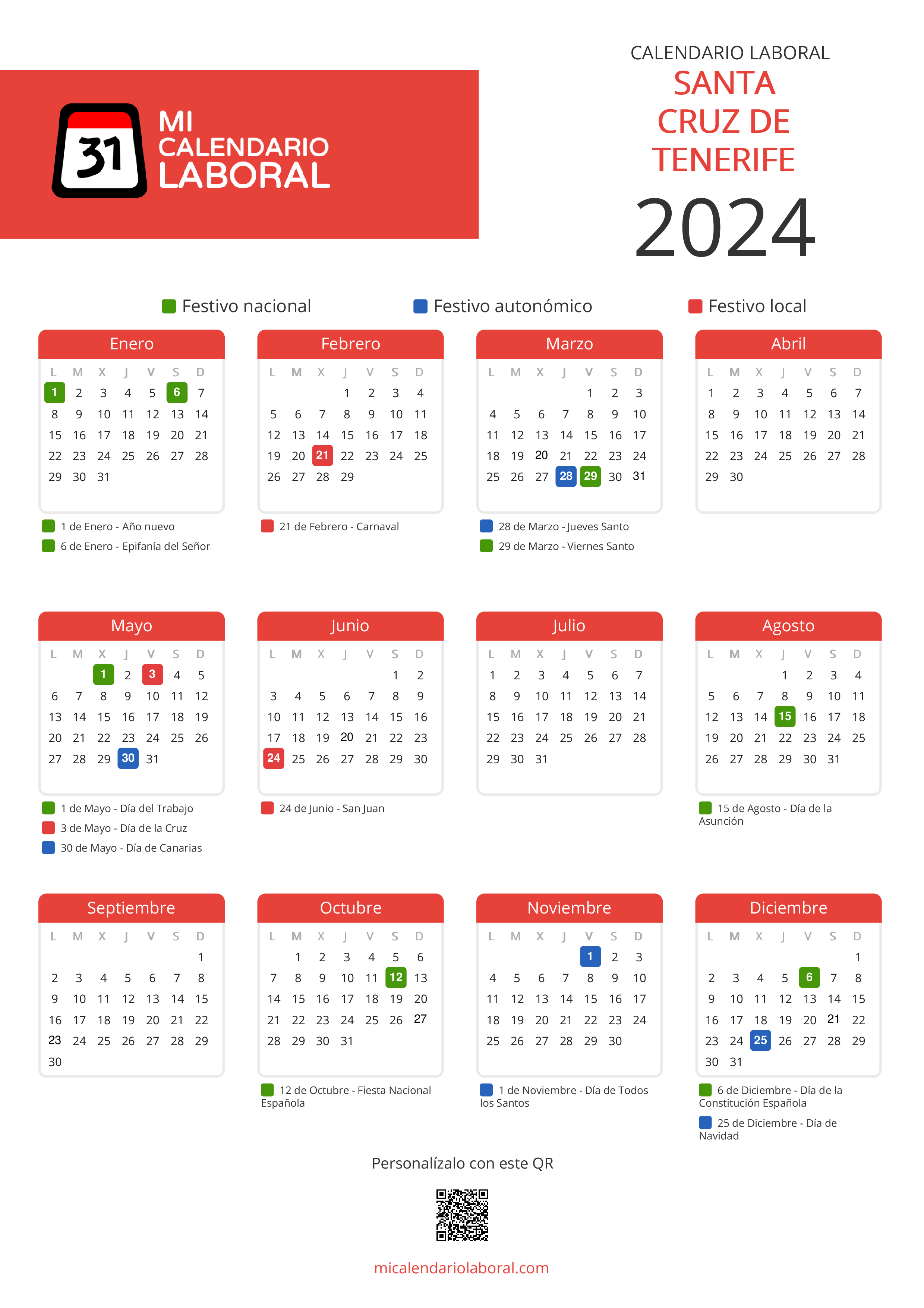 Calendario Laboral de Santa Cruz de Tenerife 2024 - Feriados y puentes de Santa Cruz de Tenerife formato vertical