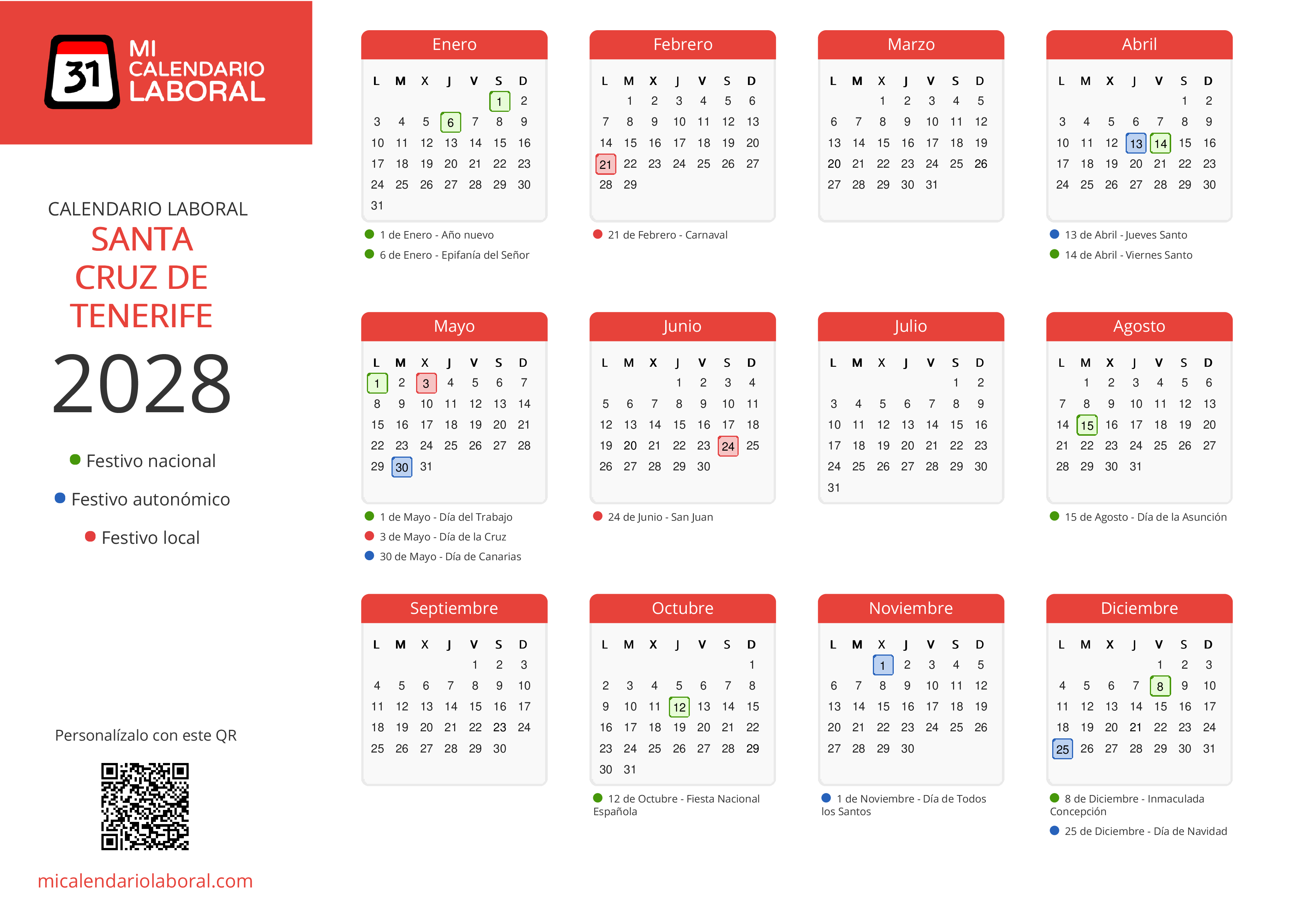 Calendario Laboral de Santa Cruz de Tenerife 2028 - Feriados y puentes de Santa Cruz de Tenerife