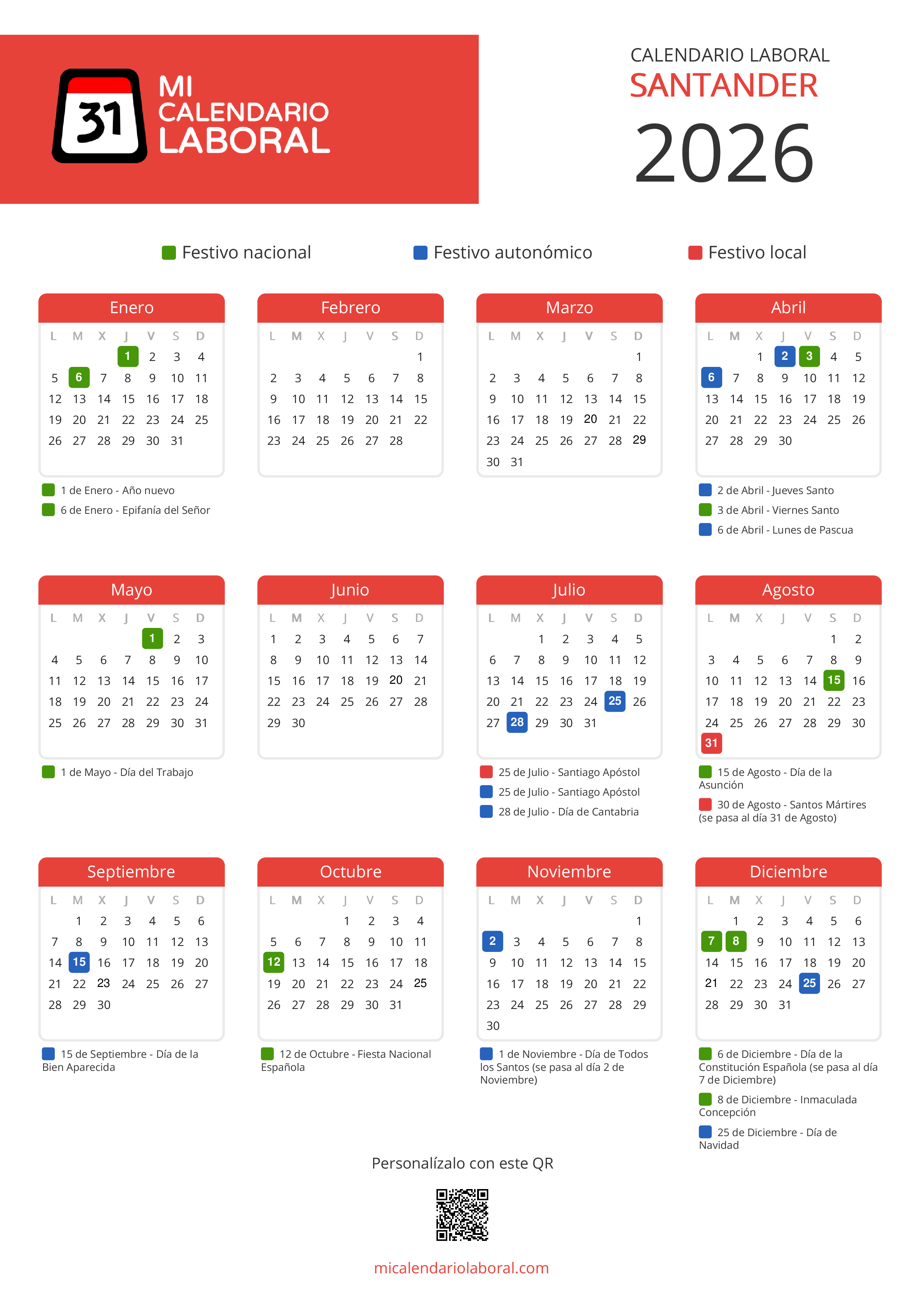 Calendario Laboral de Santander 2026 - Feriados y puentes de Santander formato vertical