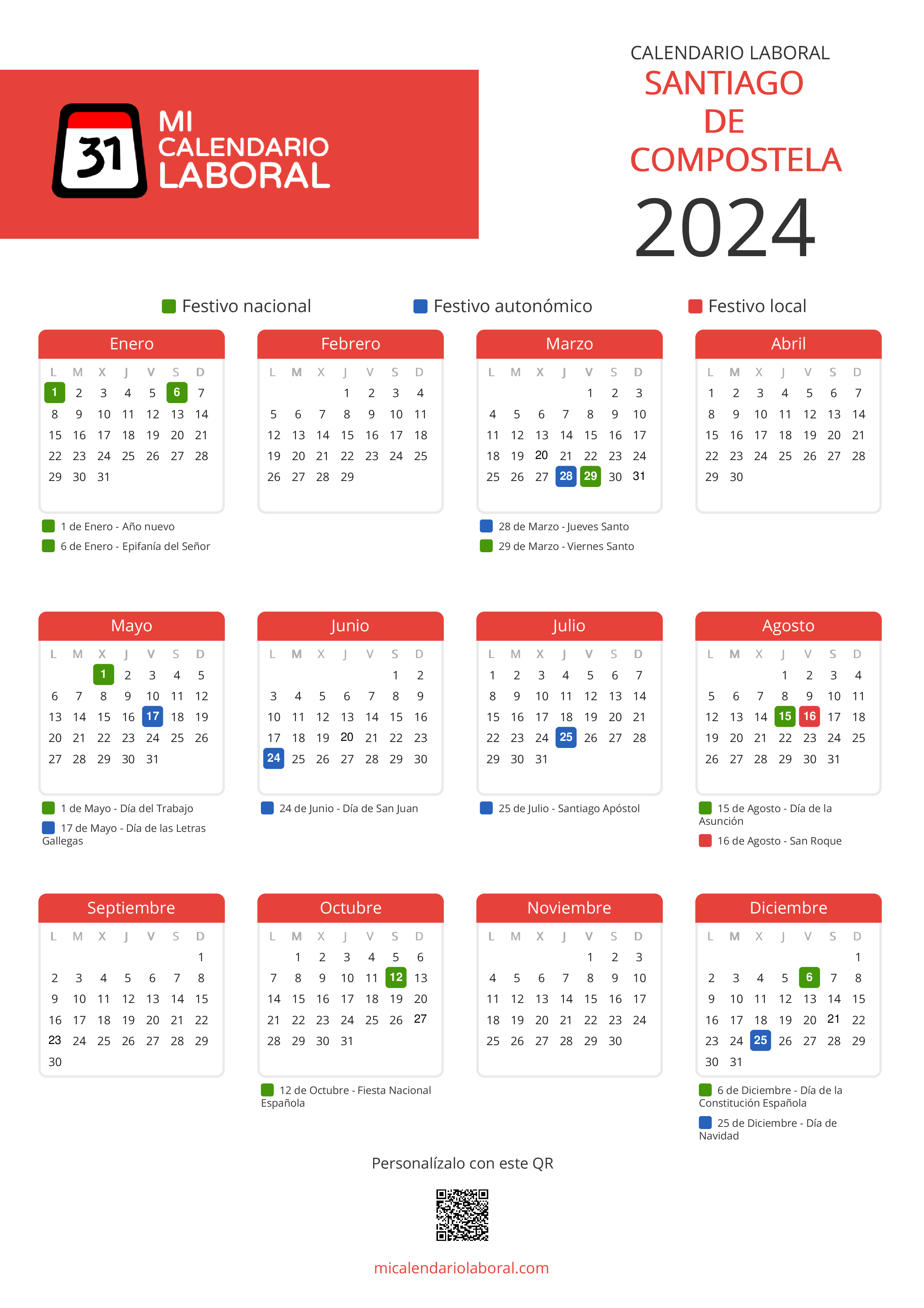 Calendario Laboral de Santiago de Compostela 2024 - Feriados y puentes de Santiago de Compostela formato vertical