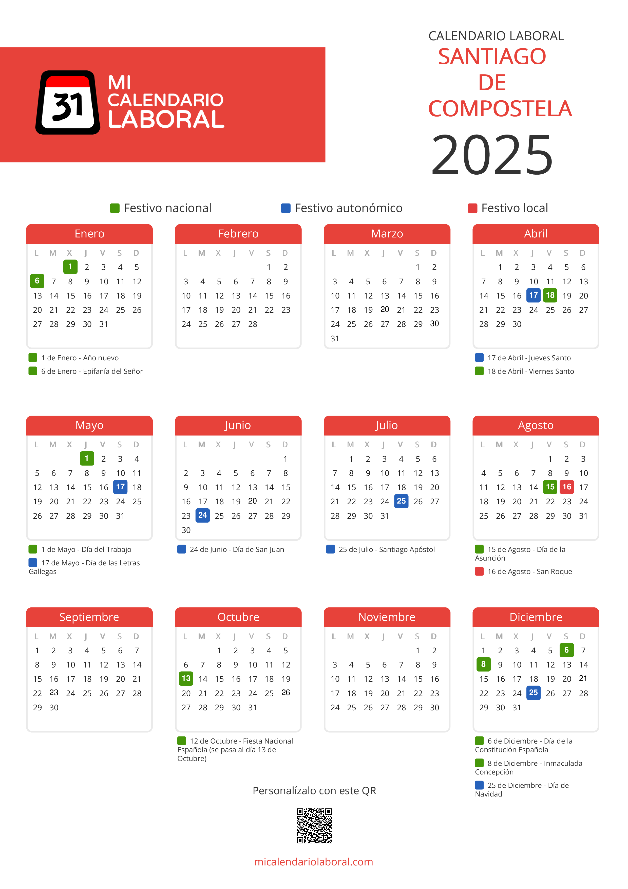 Calendario Laboral de Santiago de Compostela 2025 - Feriados y puentes de Santiago de Compostela formato vertical