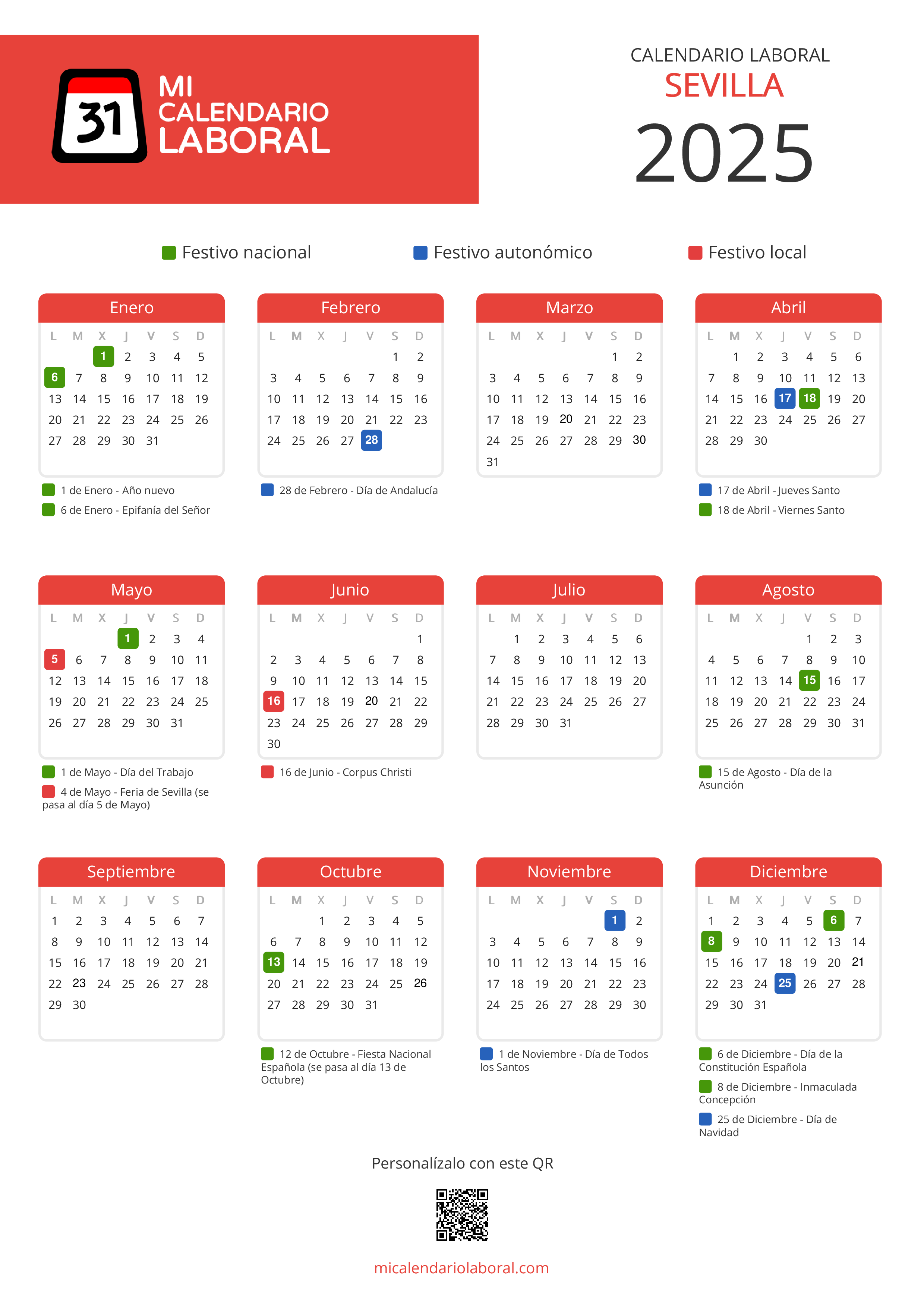 Calendario Laboral de Sevilla 2025 - Feriados y puentes de Sevilla formato vertical