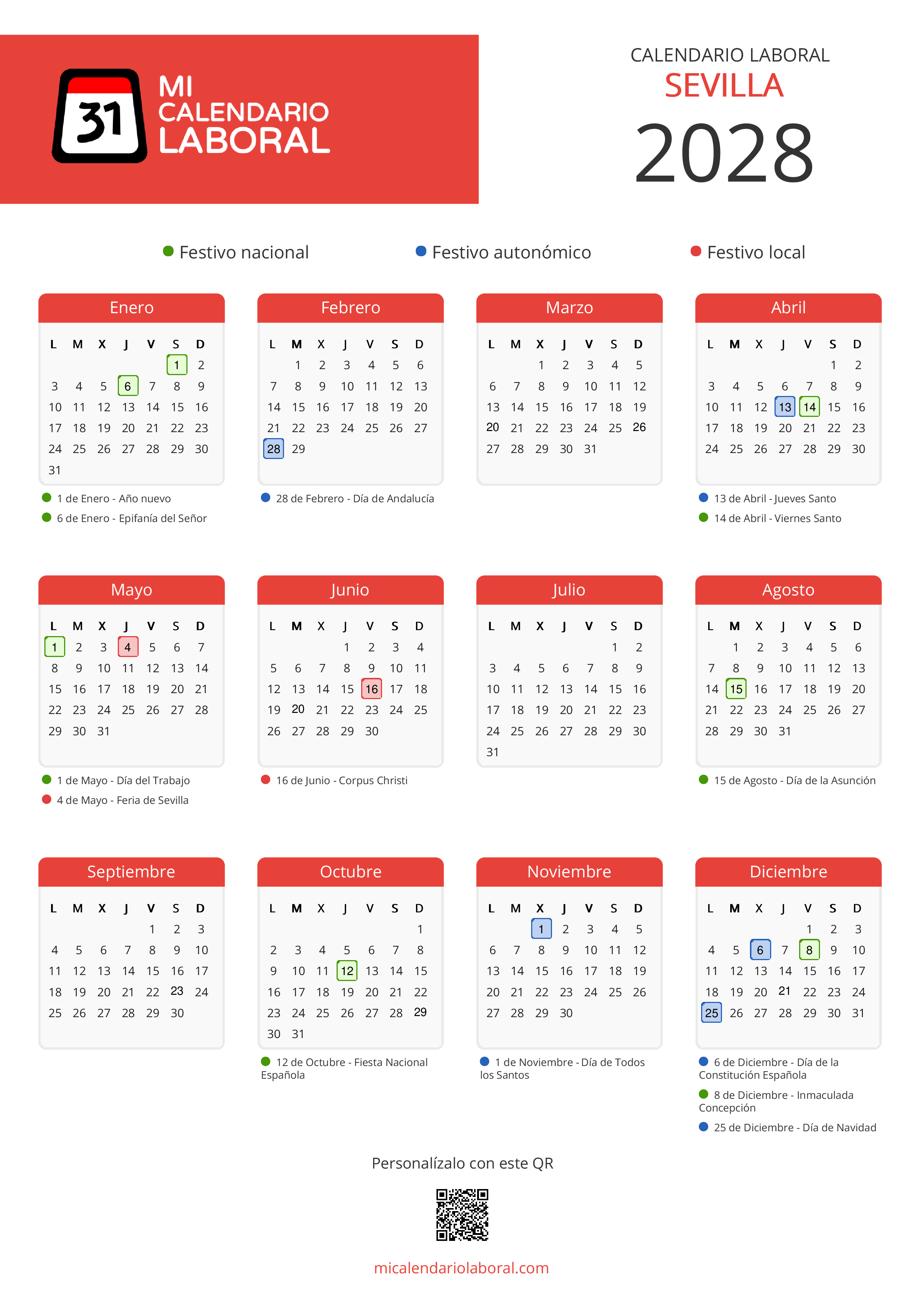 Calendario Laboral de Sevilla 2028 - Feriados y puentes de Sevilla formato vertical