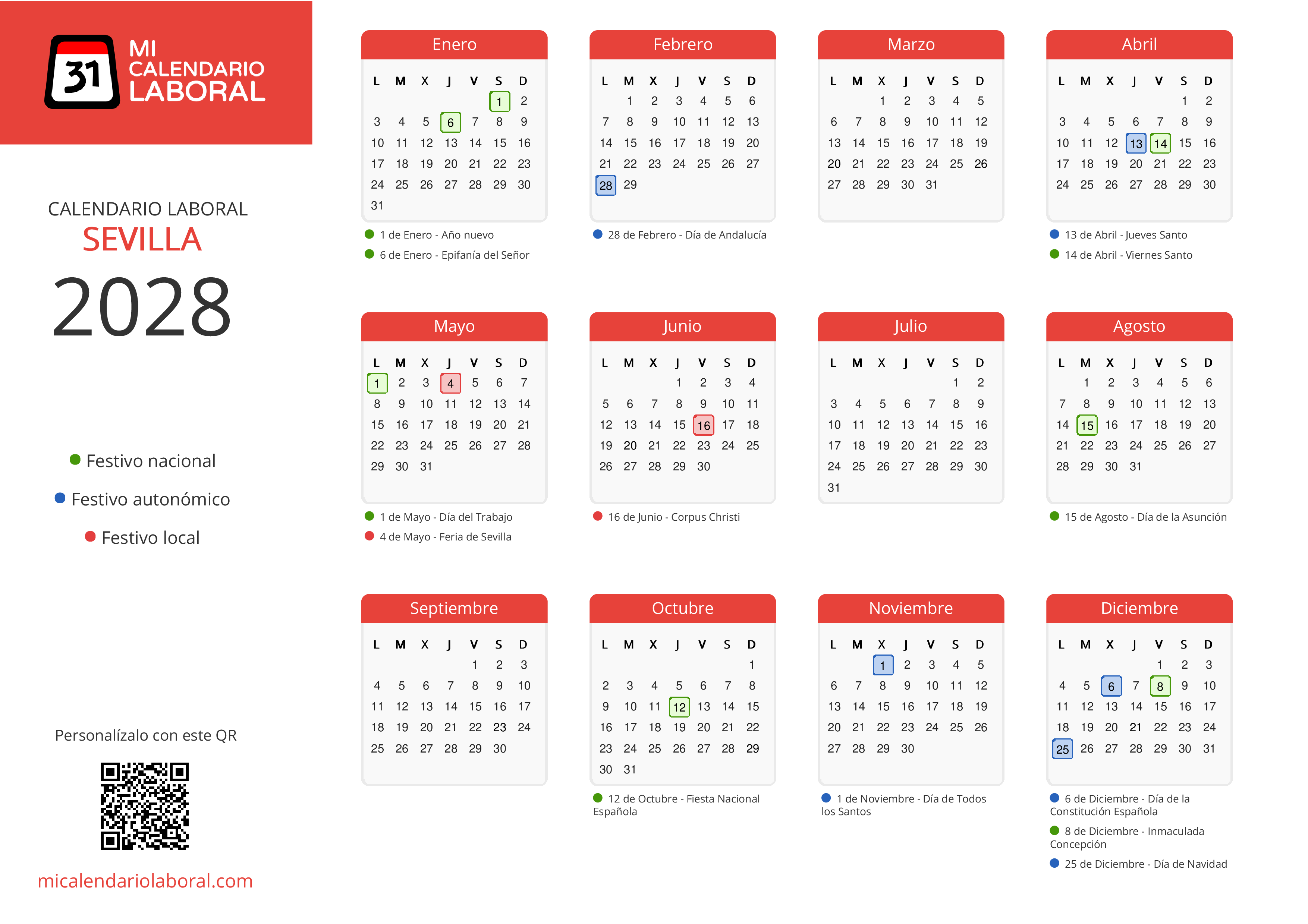 Calendario Laboral de Sevilla 2028 - Feriados y puentes de Sevilla