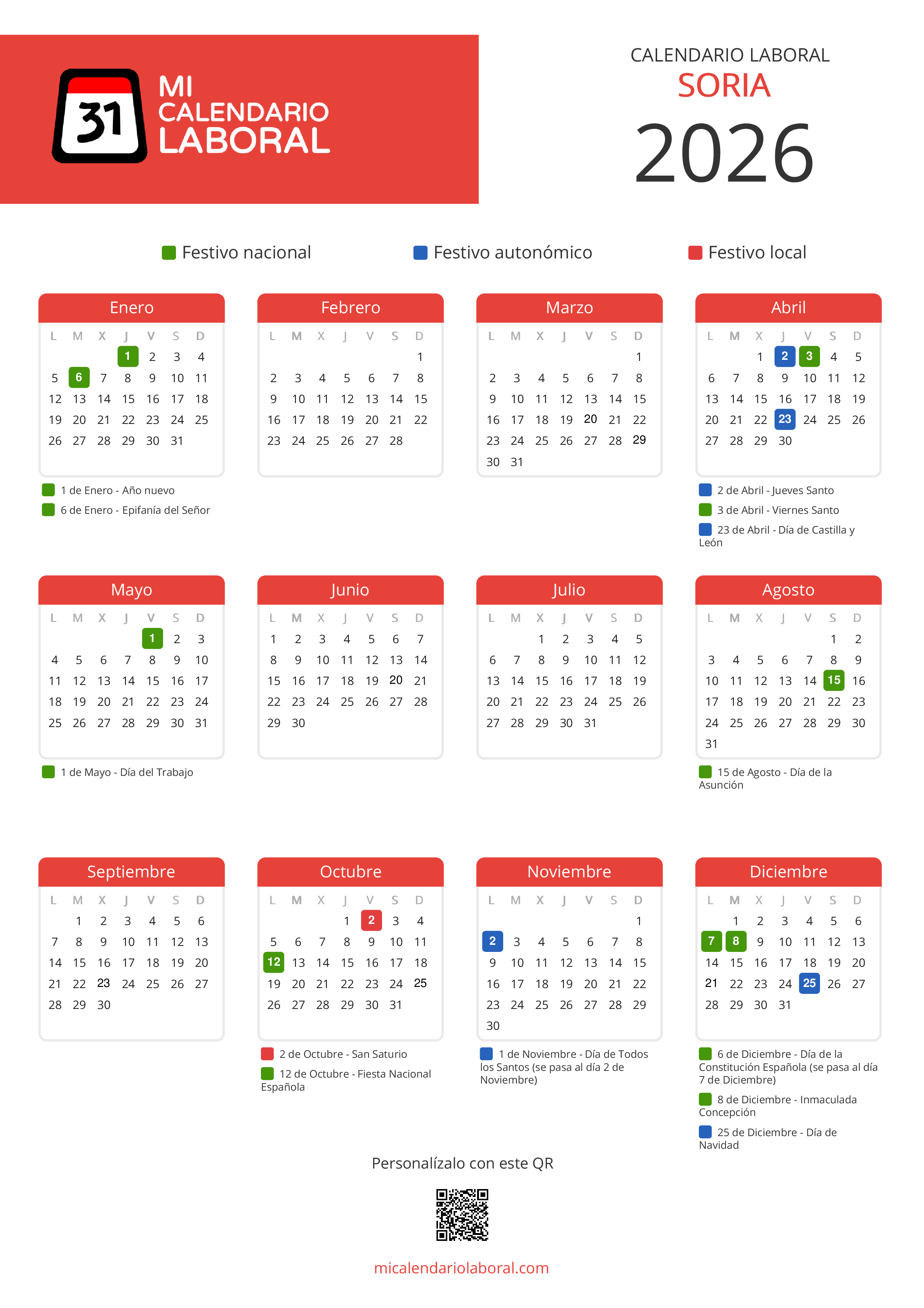 Calendario Laboral de Soria 2026 - Feriados y puentes de Soria formato vertical