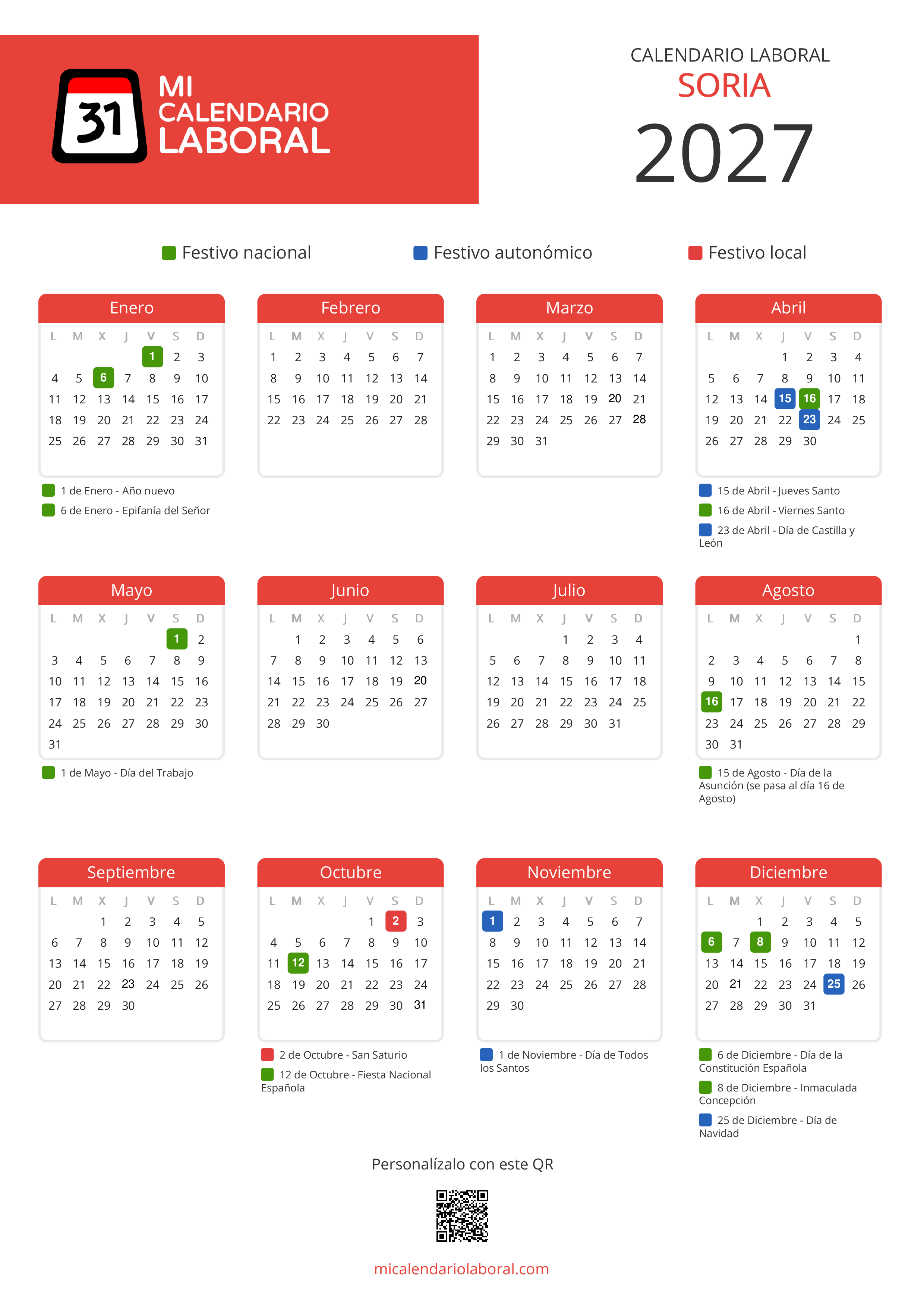 Calendario Laboral de Soria 2027 - Feriados y puentes de Soria formato vertical
