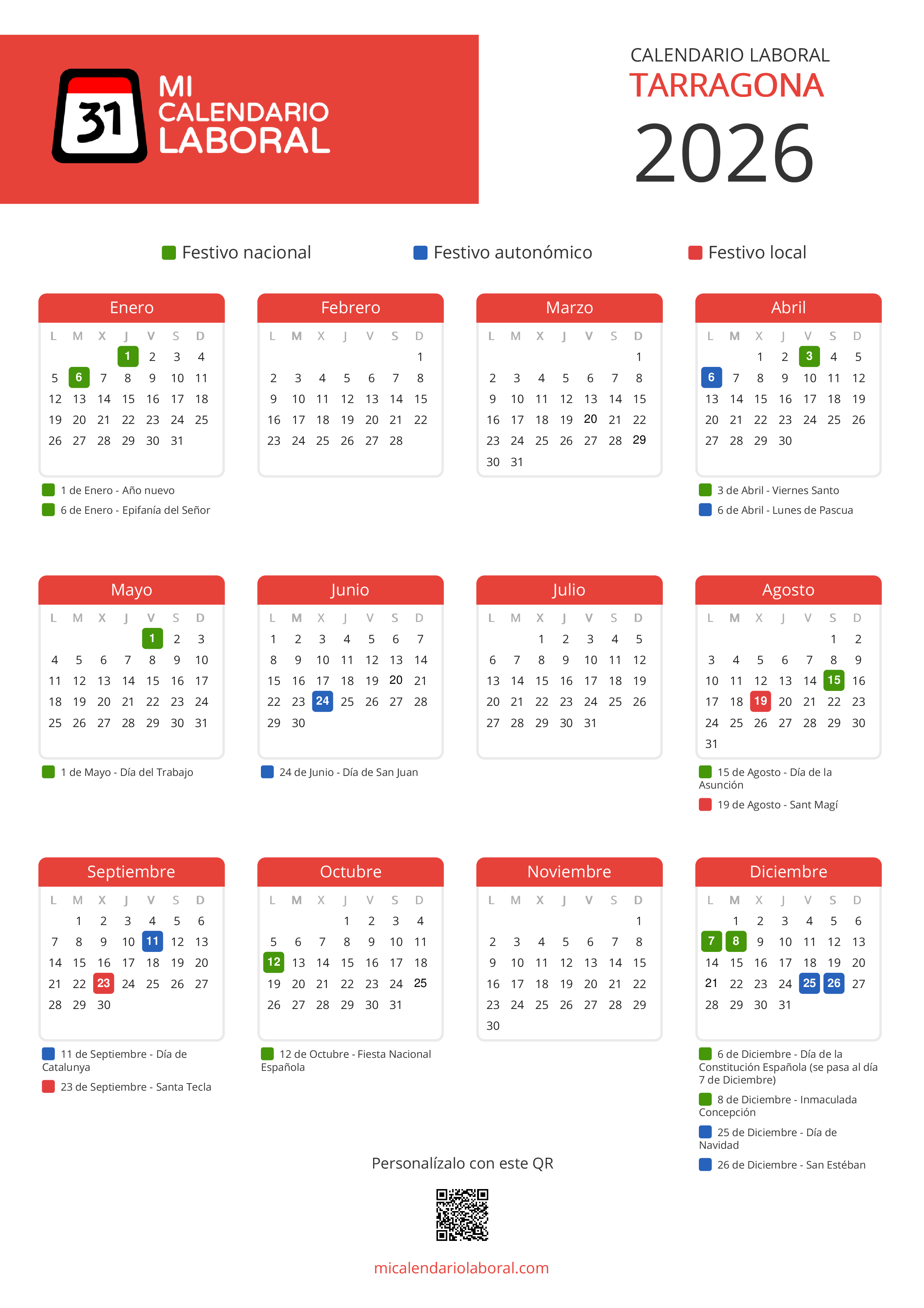 Calendario Laboral de Tarragona 2026 - Feriados y puentes de Tarragona formato vertical