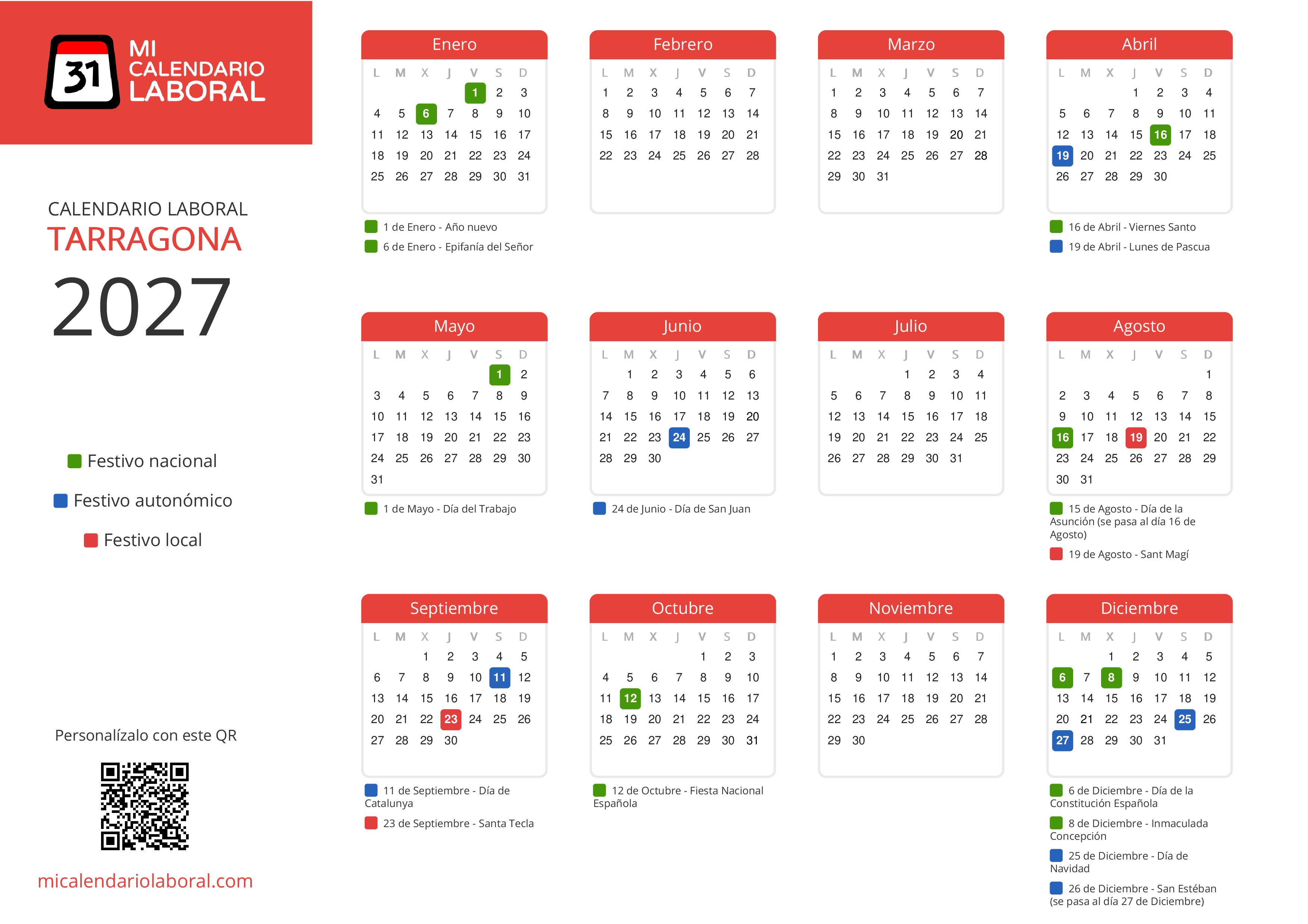 Calendario Laboral de Tarragona 2027 - Feriados y puentes de Tarragona