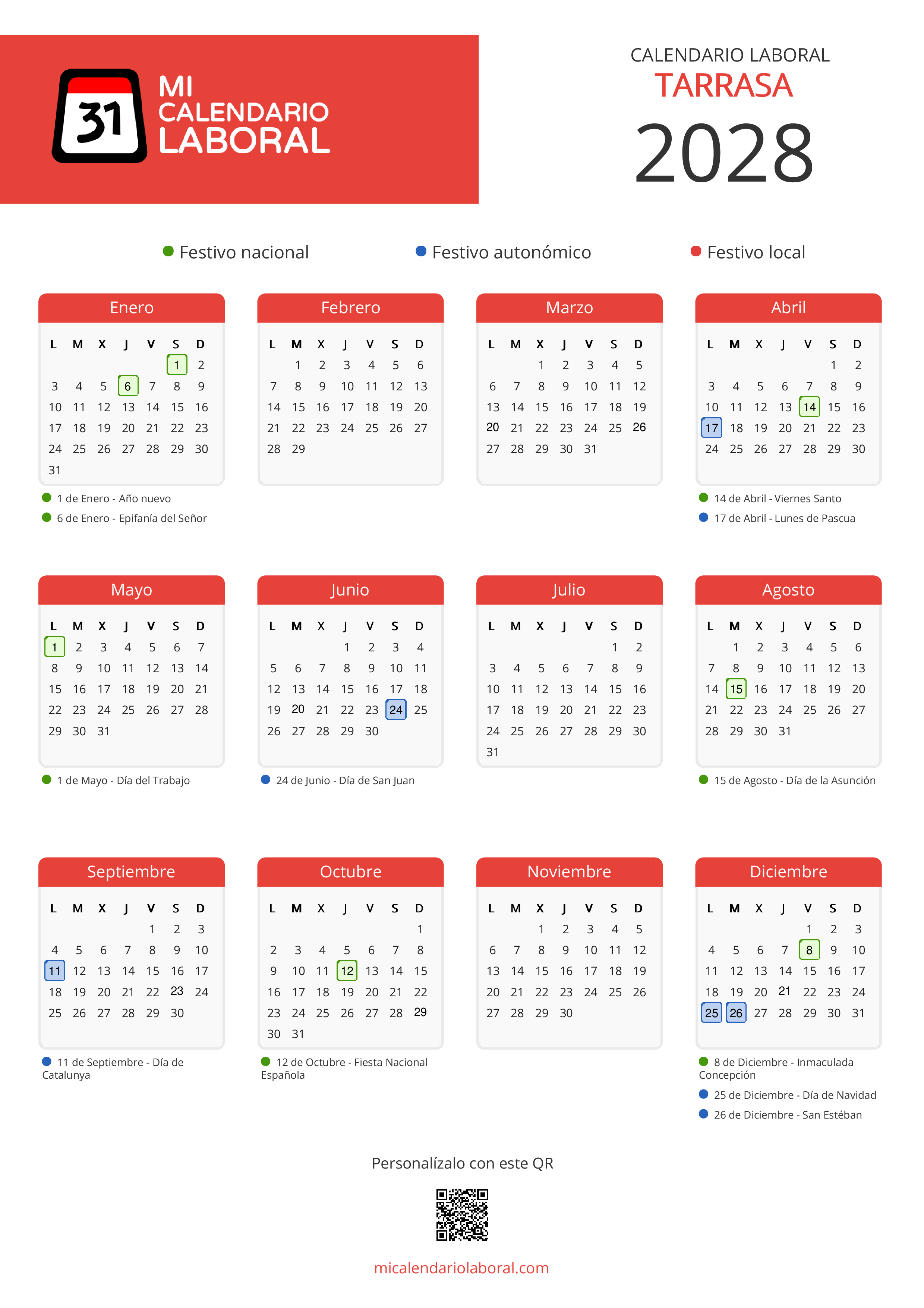 Calendario Laboral de Tarrasa 2028 - Feriados y puentes de Tarrasa formato vertical
