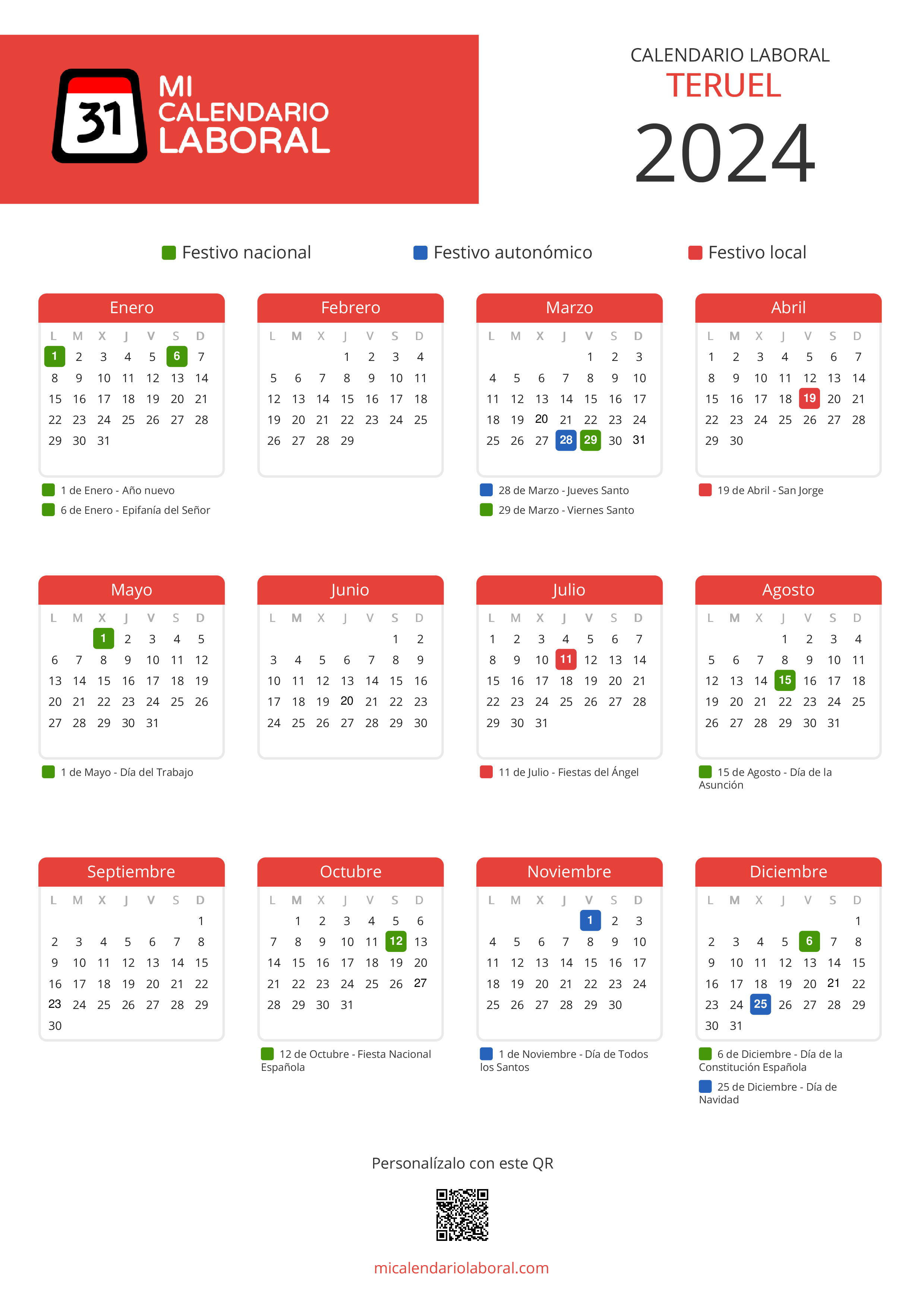 Calendario Laboral de Teruel 2024 - Feriados y puentes de Teruel formato vertical