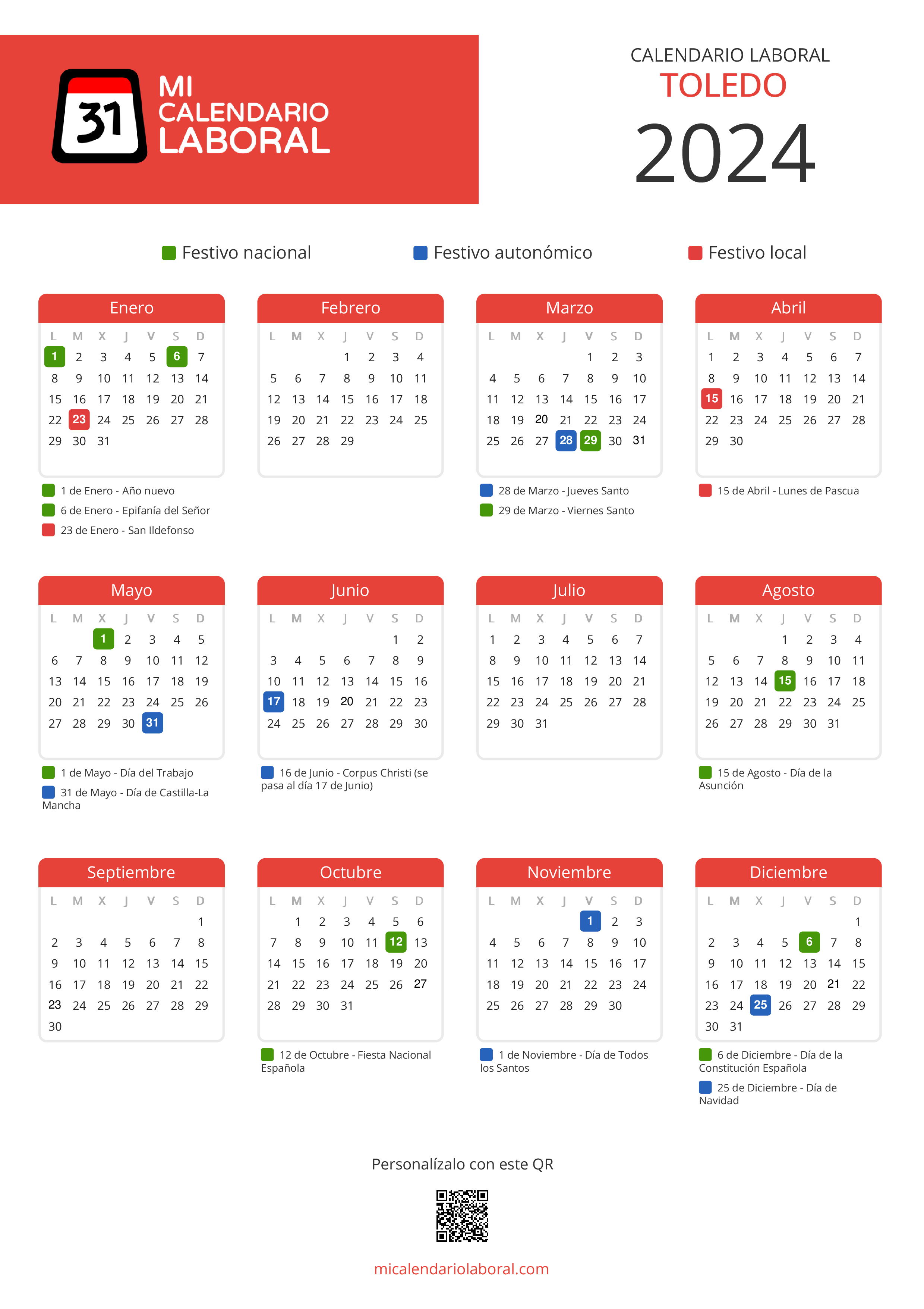 Calendario Laboral de Toledo 2024 - Feriados y puentes de Toledo formato vertical