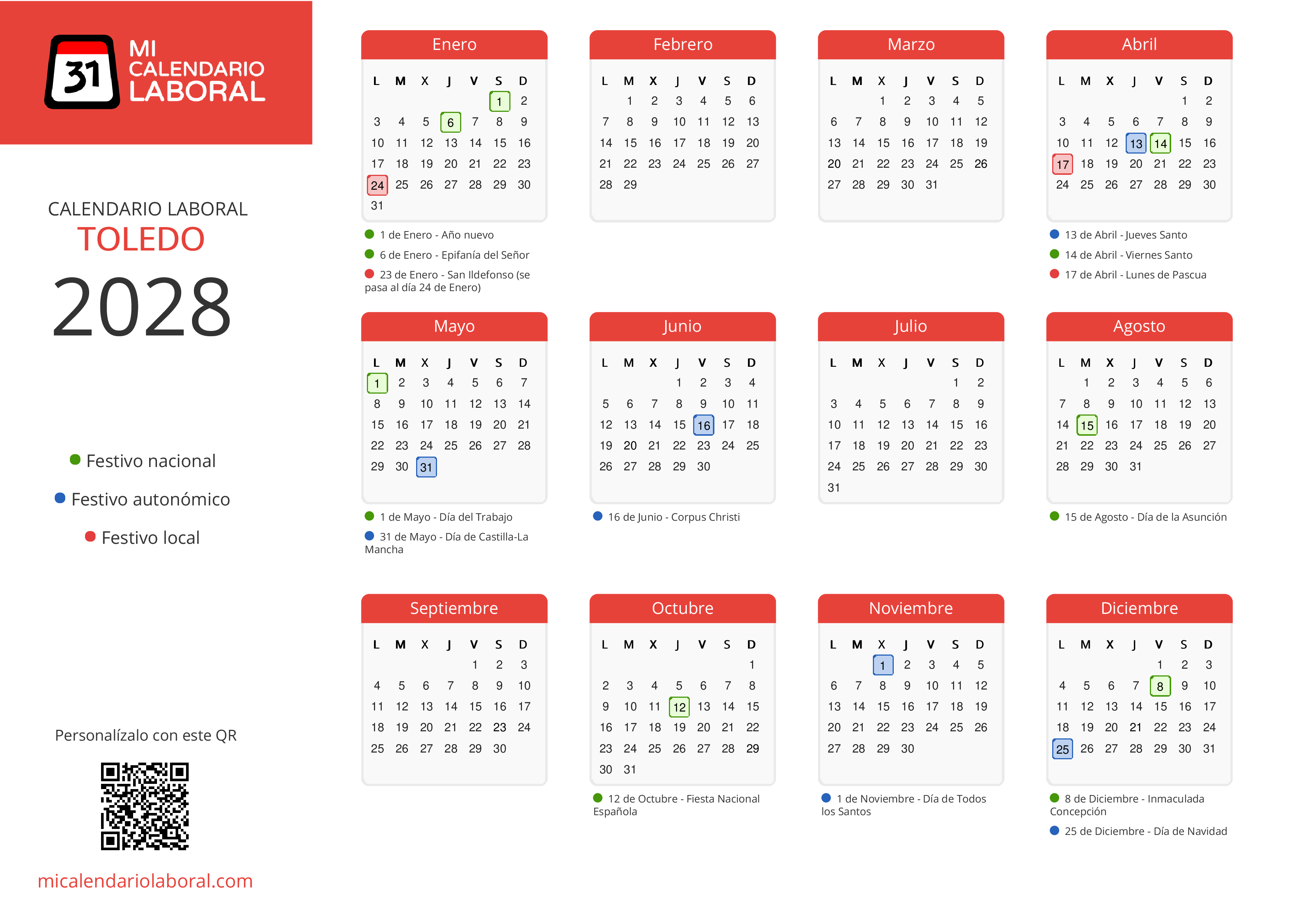 Calendario Laboral de Toledo 2028 - Feriados y puentes de Toledo