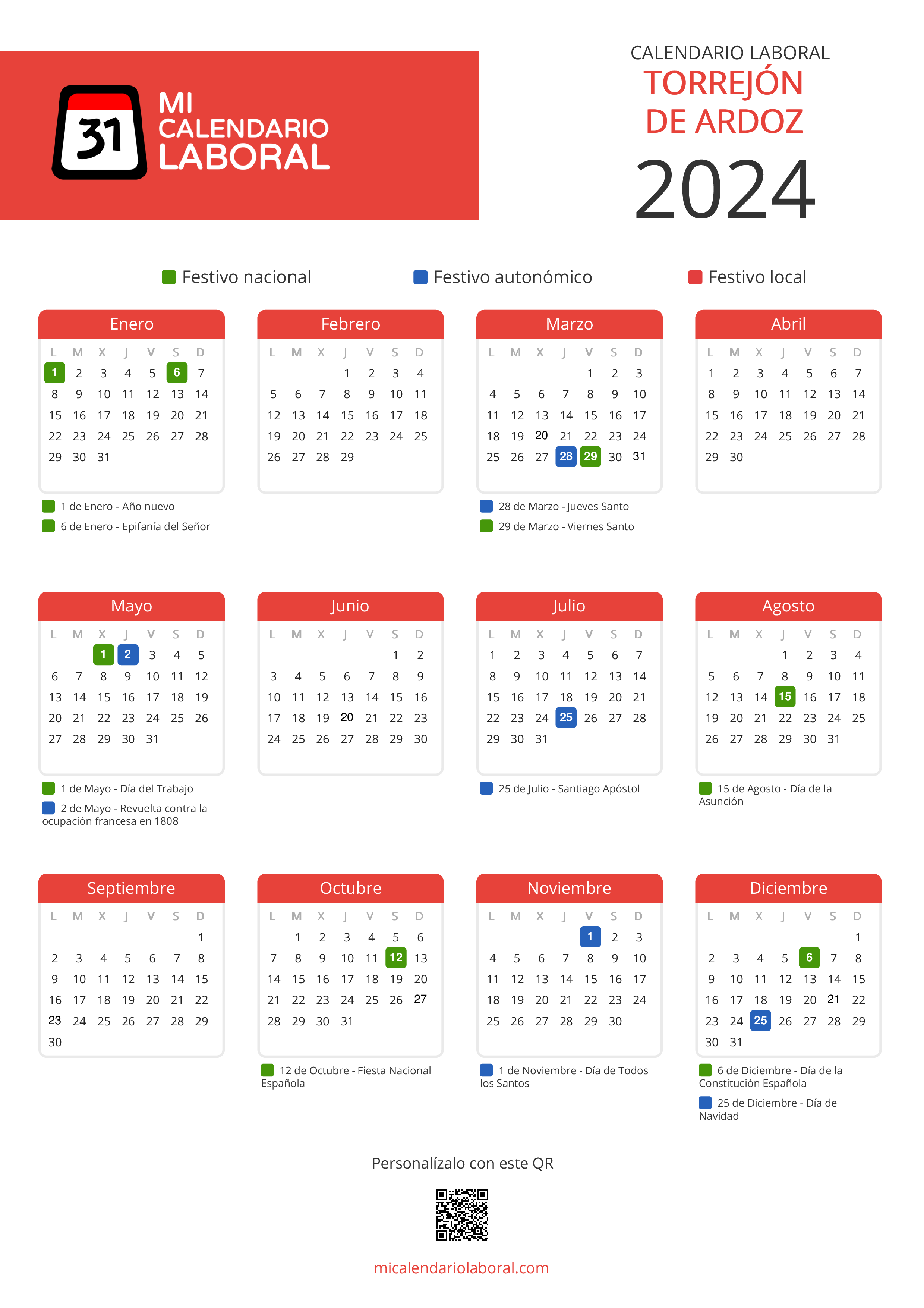 Calendario Laboral de Torrejón de Ardoz 2024 - Feriados y puentes de Torrejón de Ardoz formato vertical