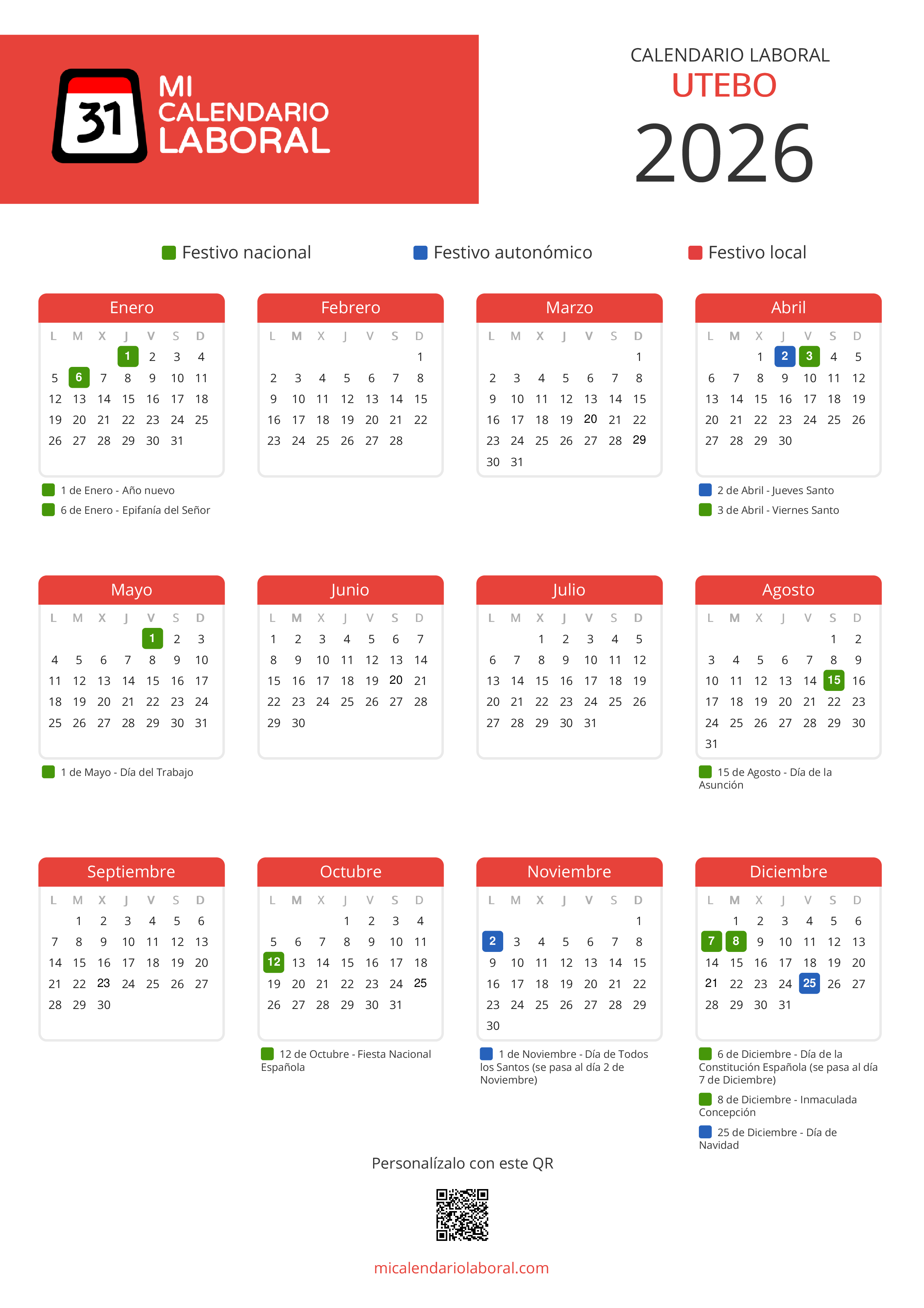 Calendario Laboral de Utebo 2026 - Feriados y puentes de Utebo formato vertical