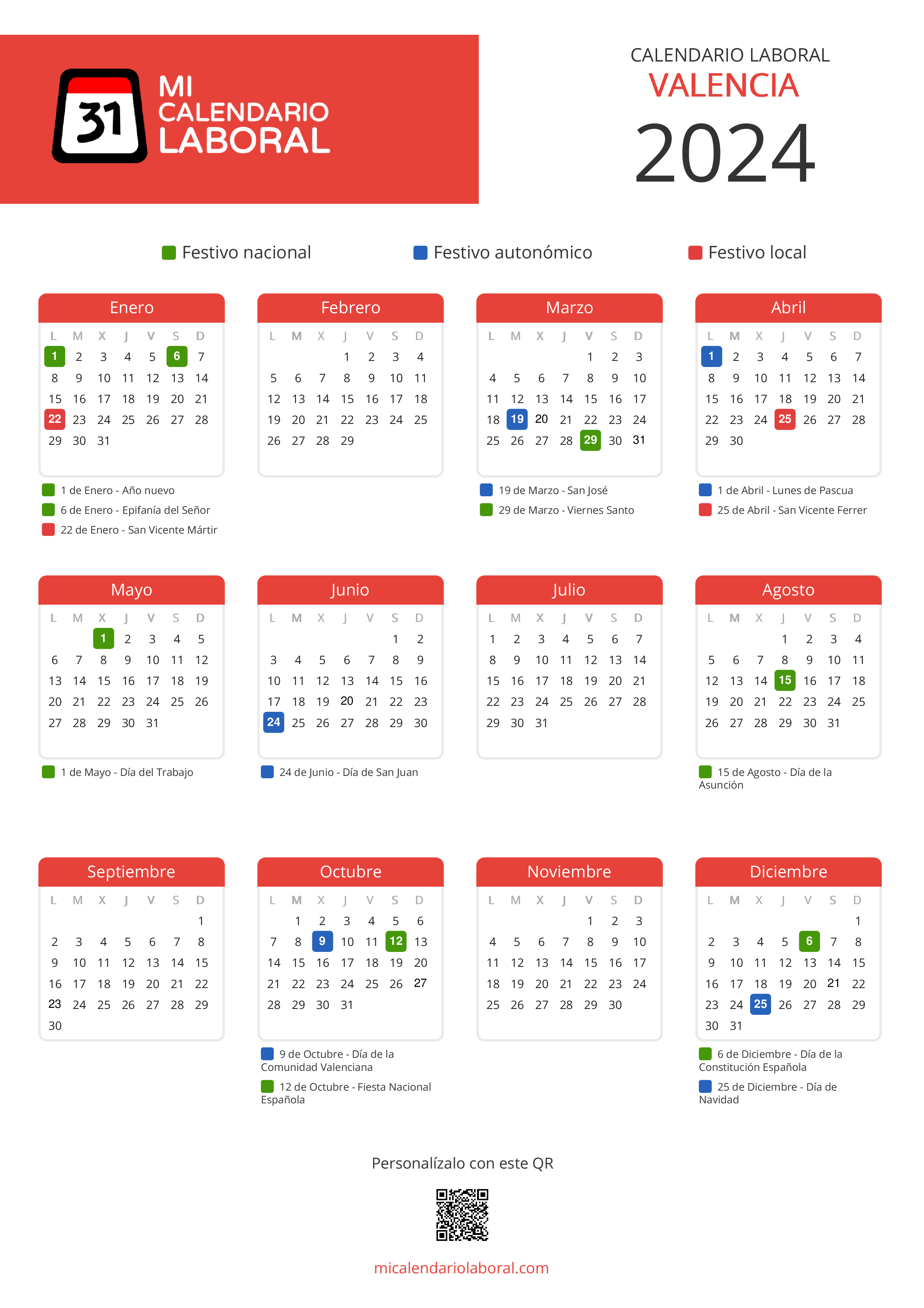 Calendario Laboral de Valencia 2024 - Feriados y puentes de Valencia formato vertical