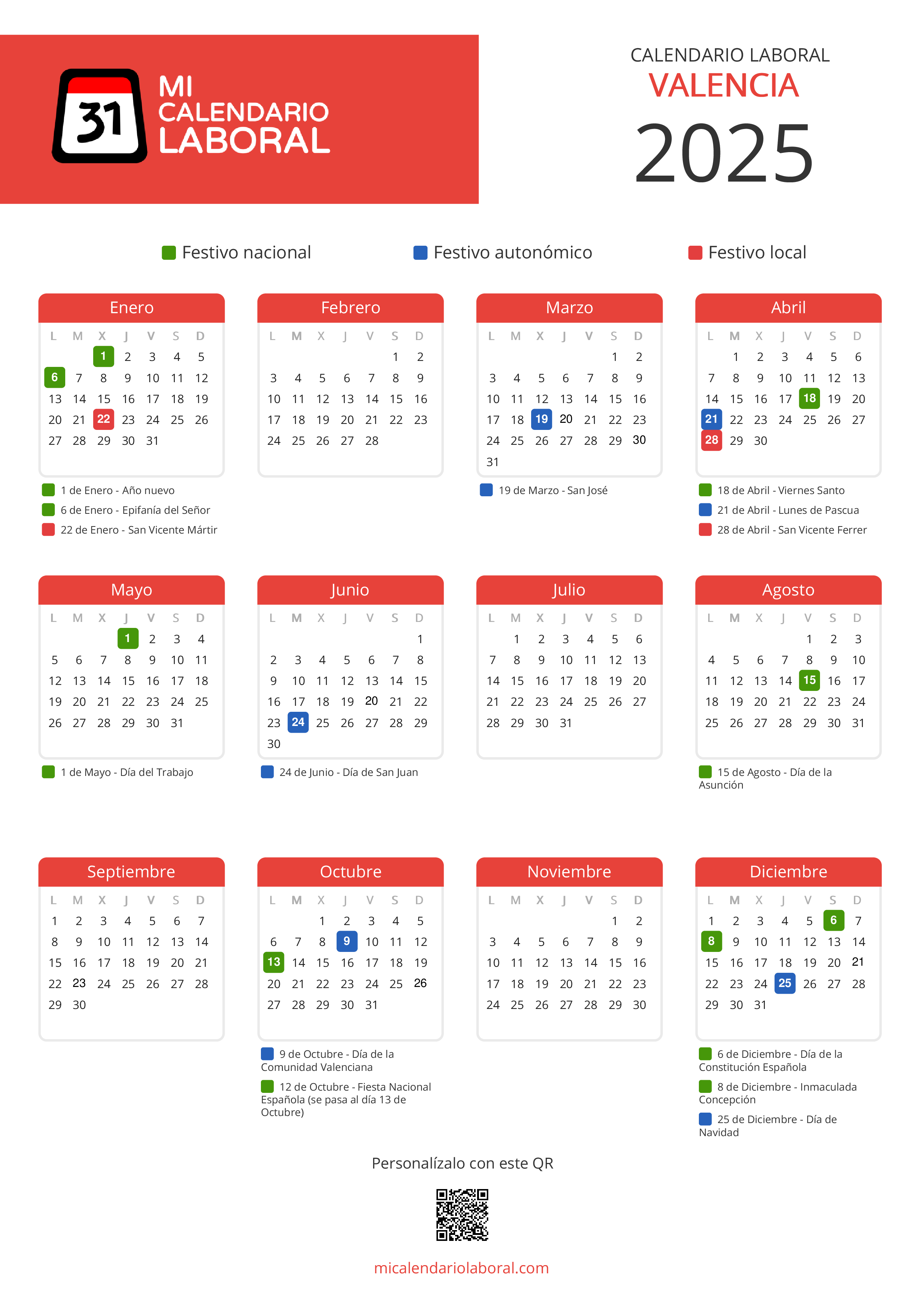 Calendario Laboral de Valencia 2025 - Feriados y puentes de Valencia formato vertical