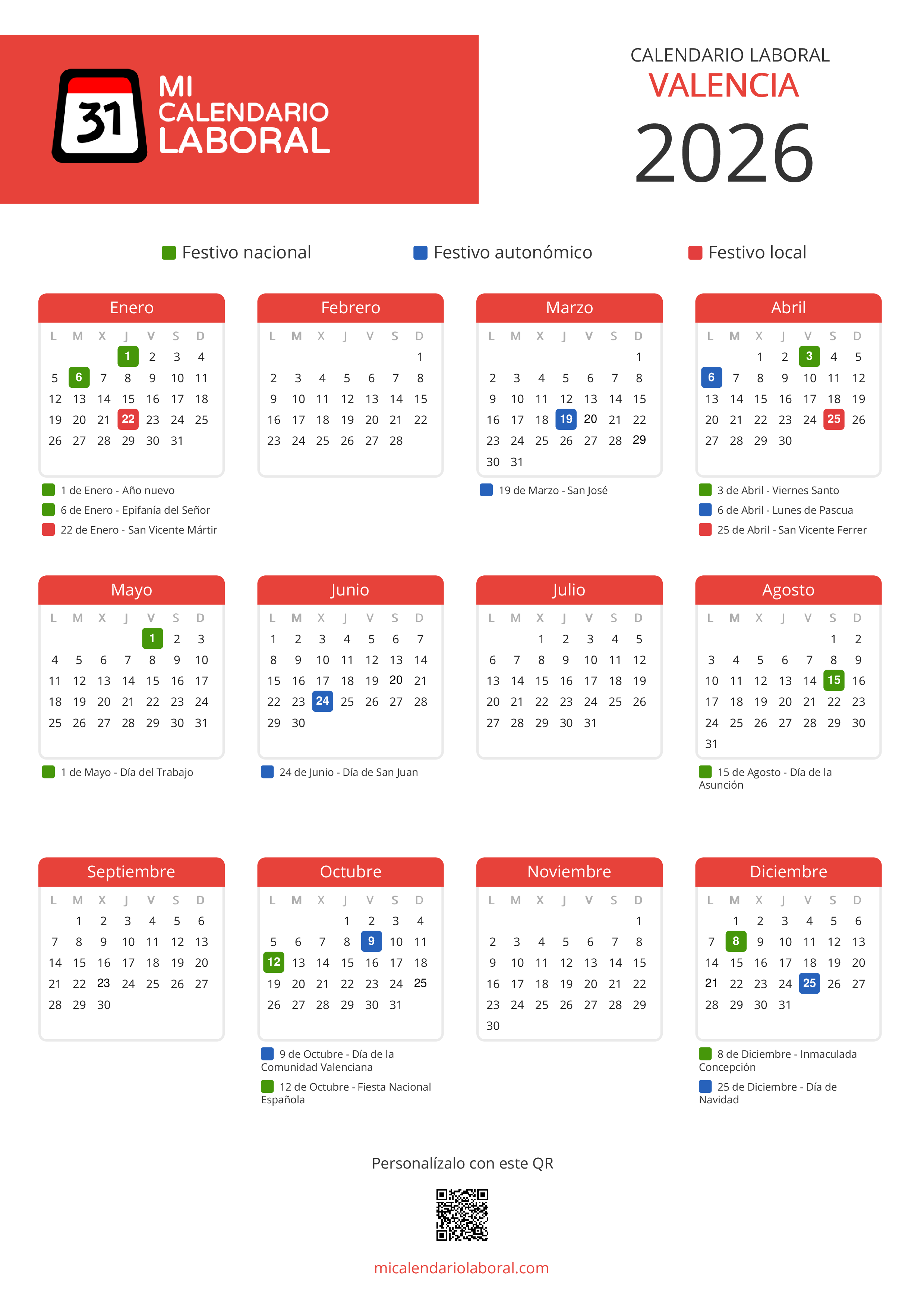 Calendario Laboral de Valencia 2026 - Feriados y puentes de Valencia formato vertical