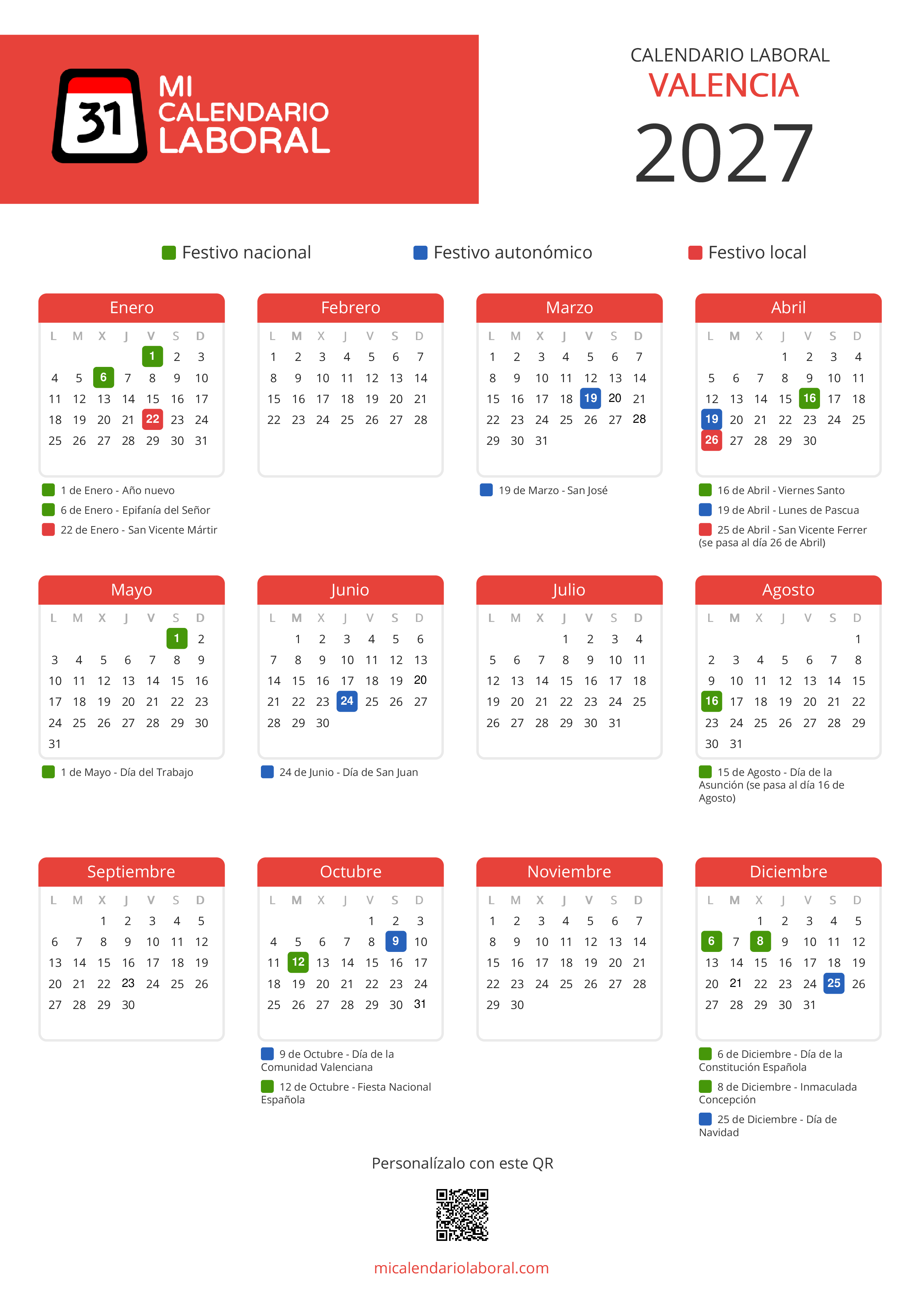 Calendario Laboral de Valencia 2027 - Feriados y puentes de Valencia formato vertical