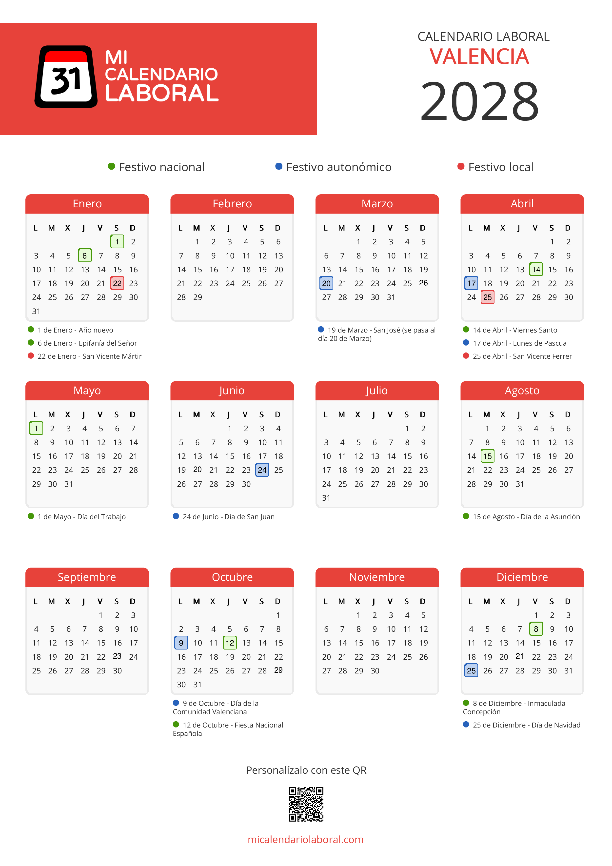 Calendario Laboral de Valencia 2028 - Feriados y puentes de Valencia formato vertical