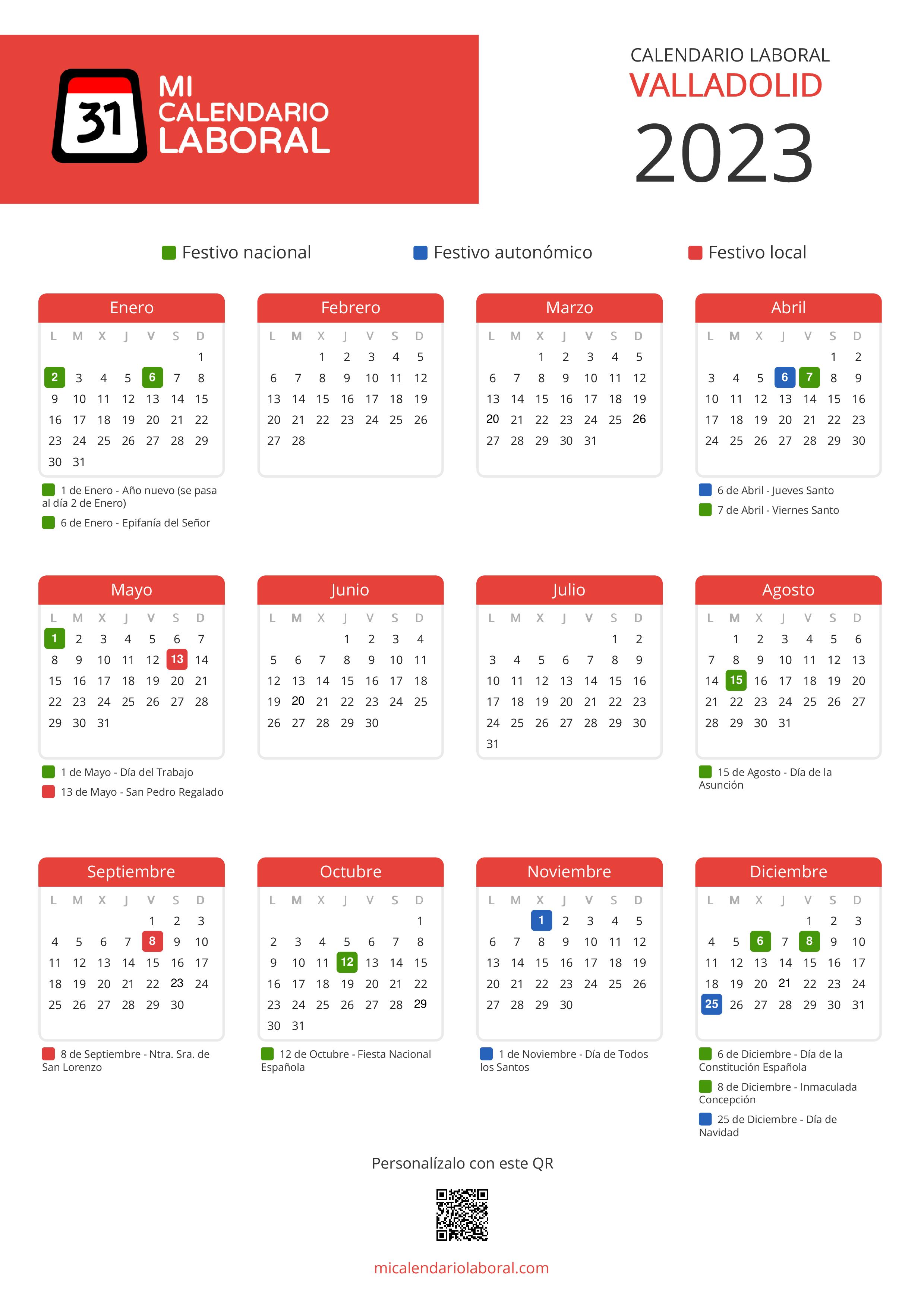 Calendario Laboral de Valladolid 2023 - Feriados y puentes de Valladolid formato vertical