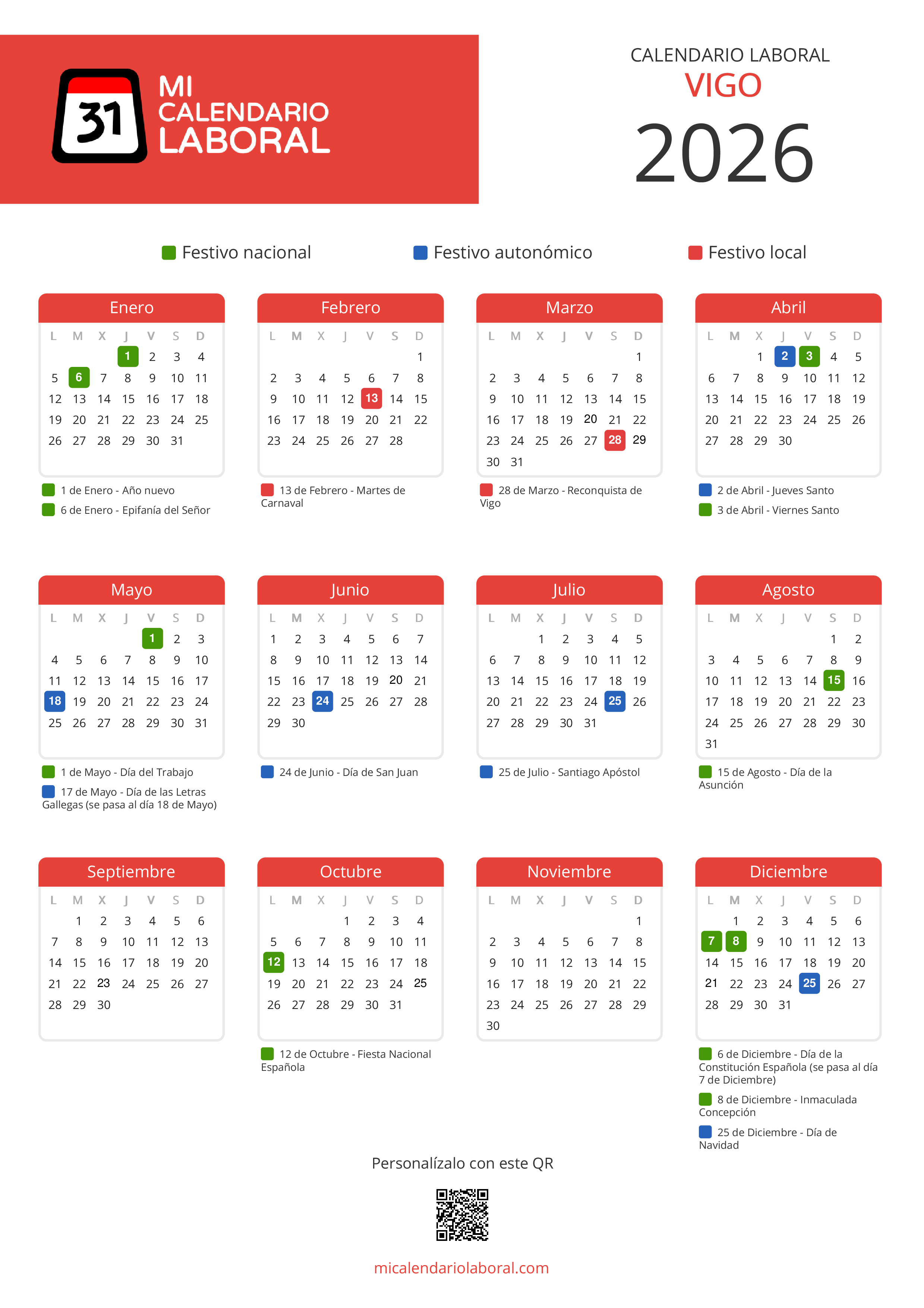 Calendario Laboral de Vigo 2026 - Feriados y puentes de Vigo formato vertical