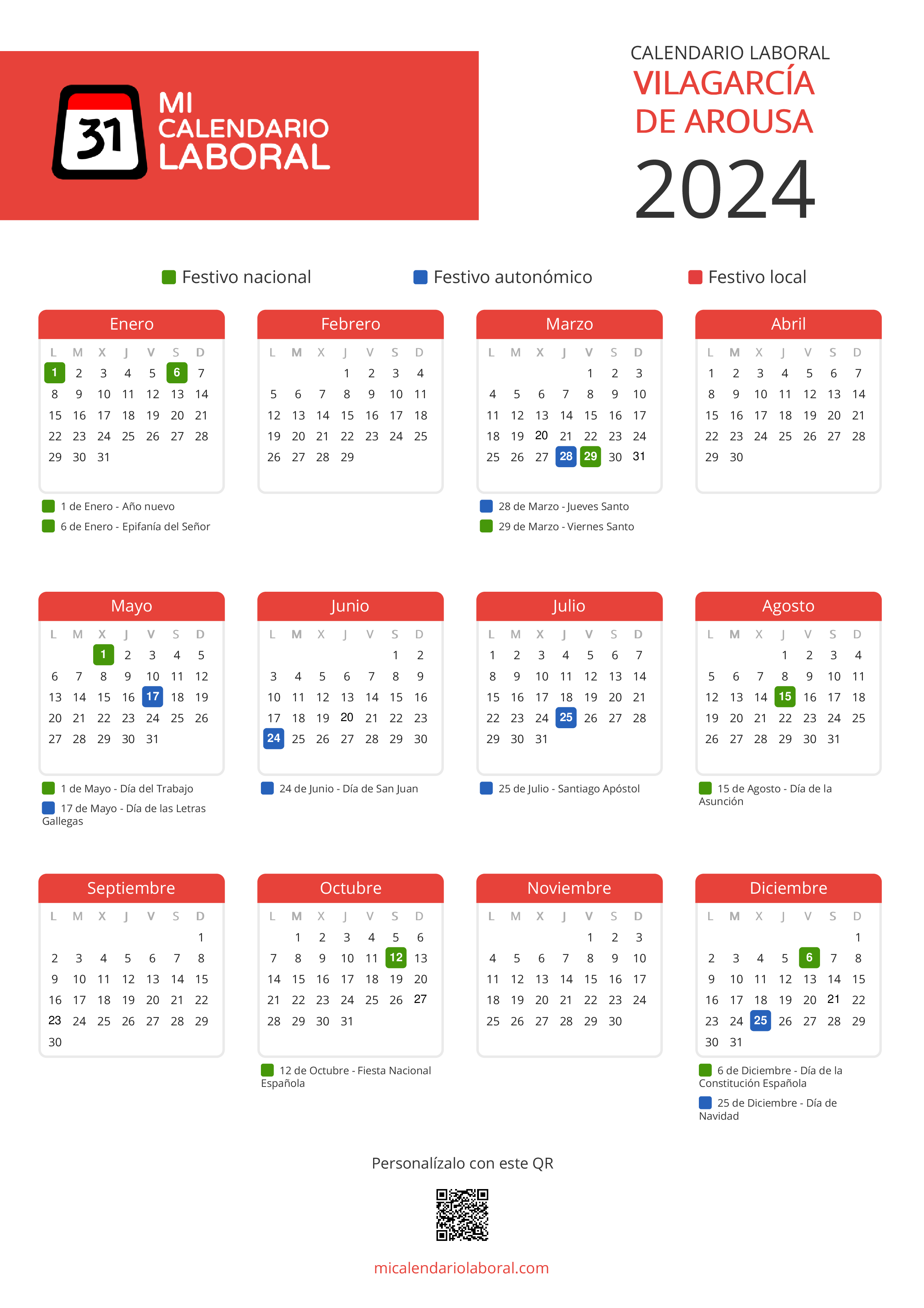Calendario Laboral de Vilagarcía de Arousa 2024 - Feriados y puentes de Vilagarcía de Arousa formato vertical