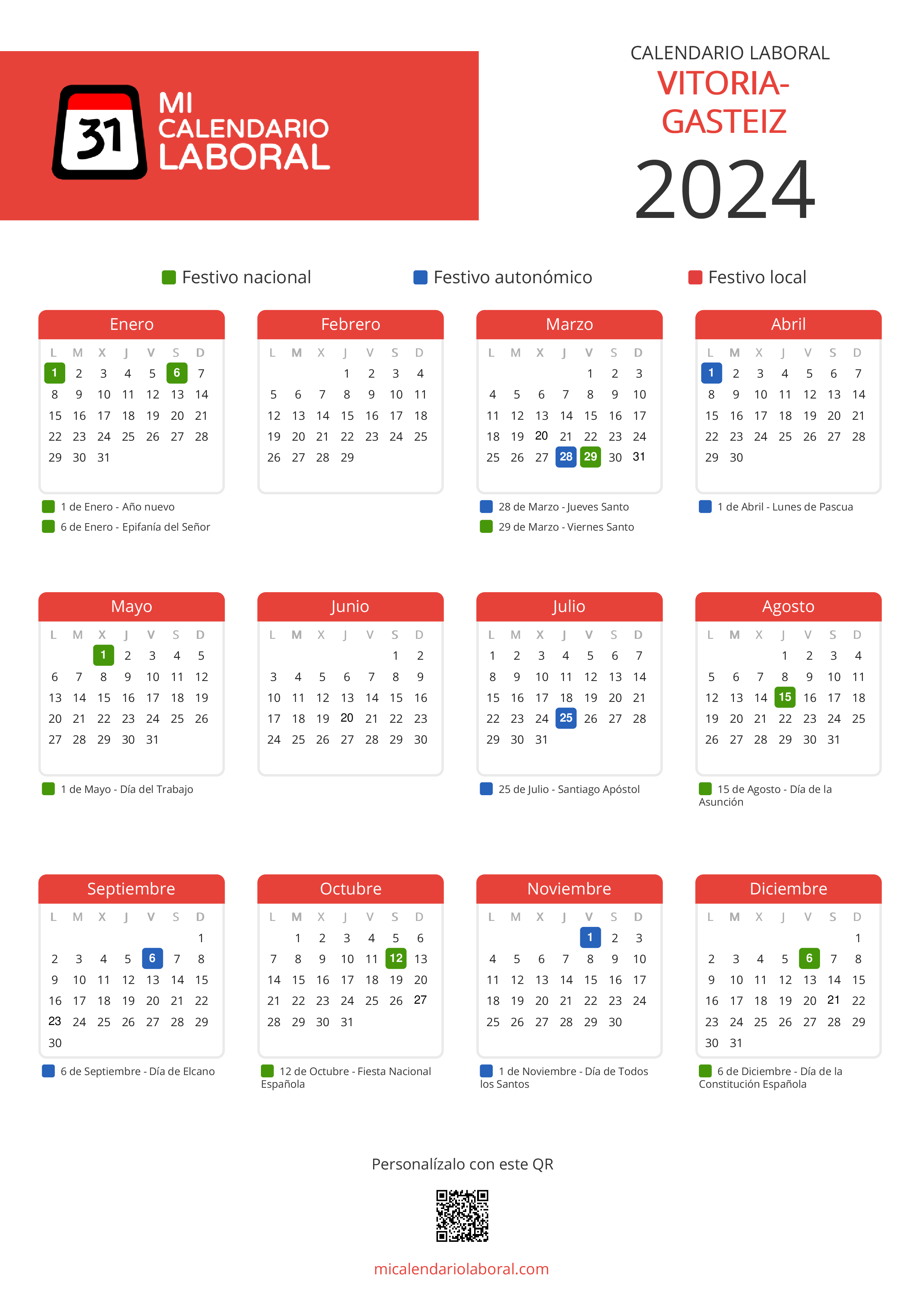 Calendario Laboral de Vitoria-Gasteiz 2024 - Feriados y puentes de Vitoria-Gasteiz formato vertical