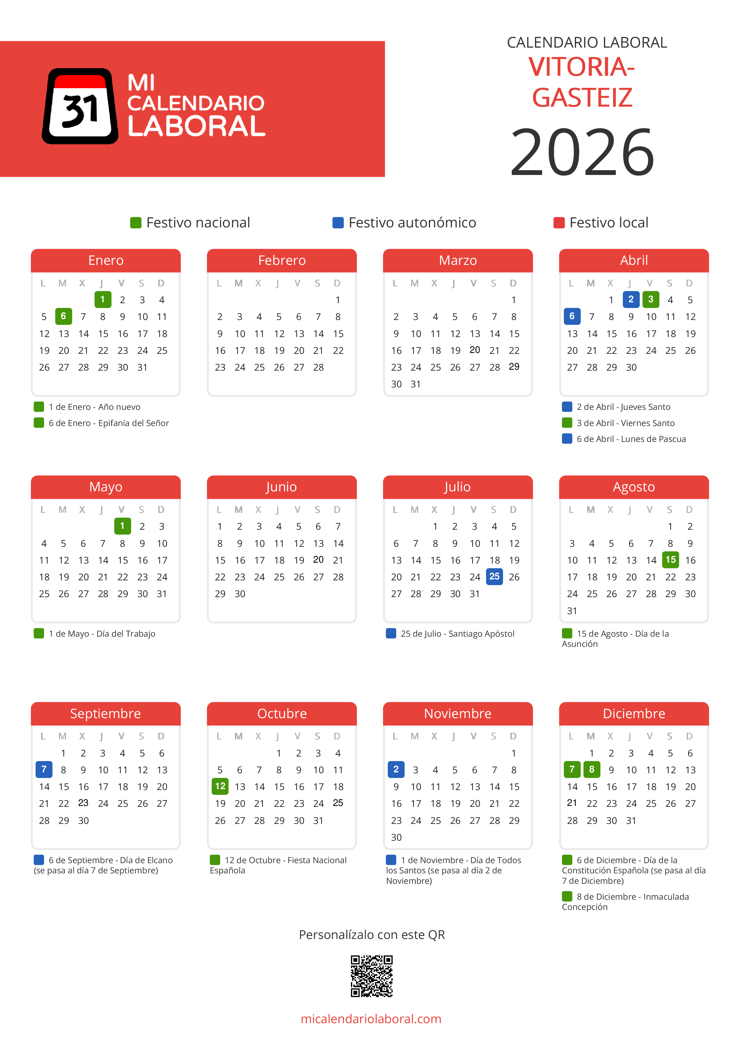 Calendario Laboral de Vitoria-Gasteiz 2026 - Feriados y puentes de Vitoria-Gasteiz formato vertical
